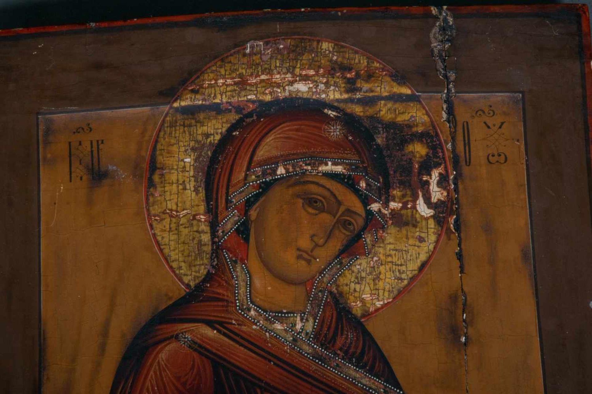 Antike russische Ikone, ca. 44 x 38 cm, Eitempera auf Holz, Darstellung der heiligen Maria mit - Bild 2 aus 5