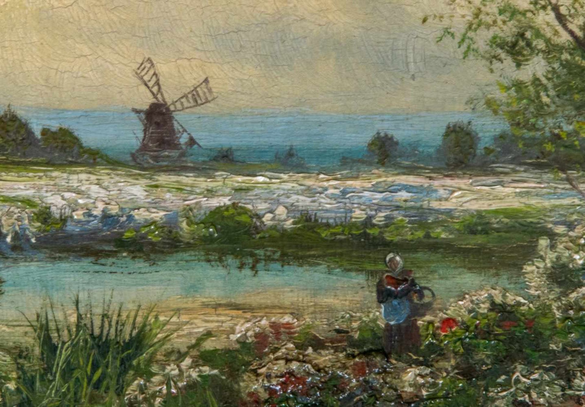 "Blühende Landschaft mit Mühle". Gemälde, Öl auf Holzplatte, um 1880/1900, ca. 20 x 31 cm, - Bild 3 aus 6