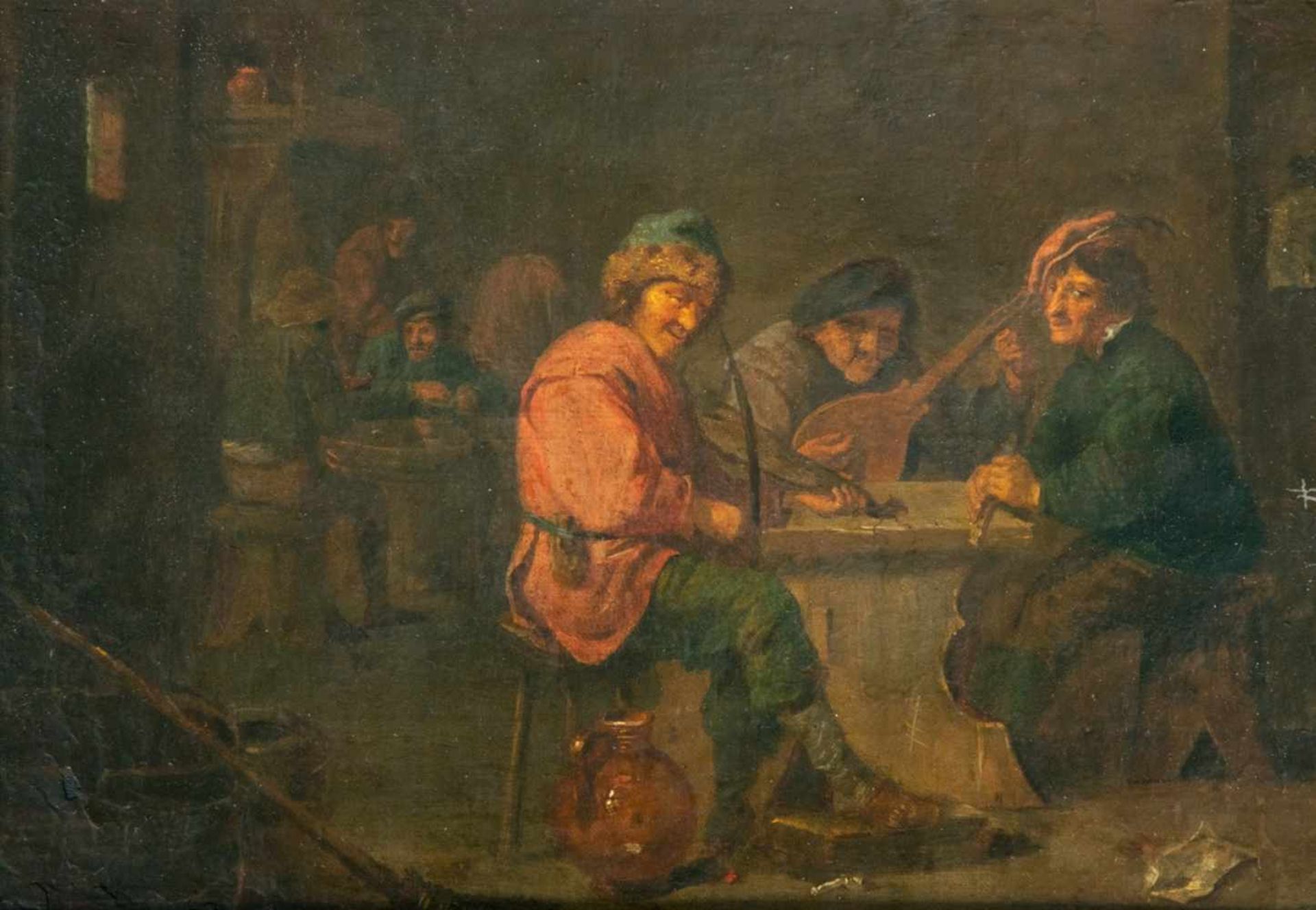 "In der Taverne". Gemälde Niederlande 18. Jhd., Öl auf Leinwand, ca. 35 x 26 cm, unsigniert, - Bild 2 aus 13
