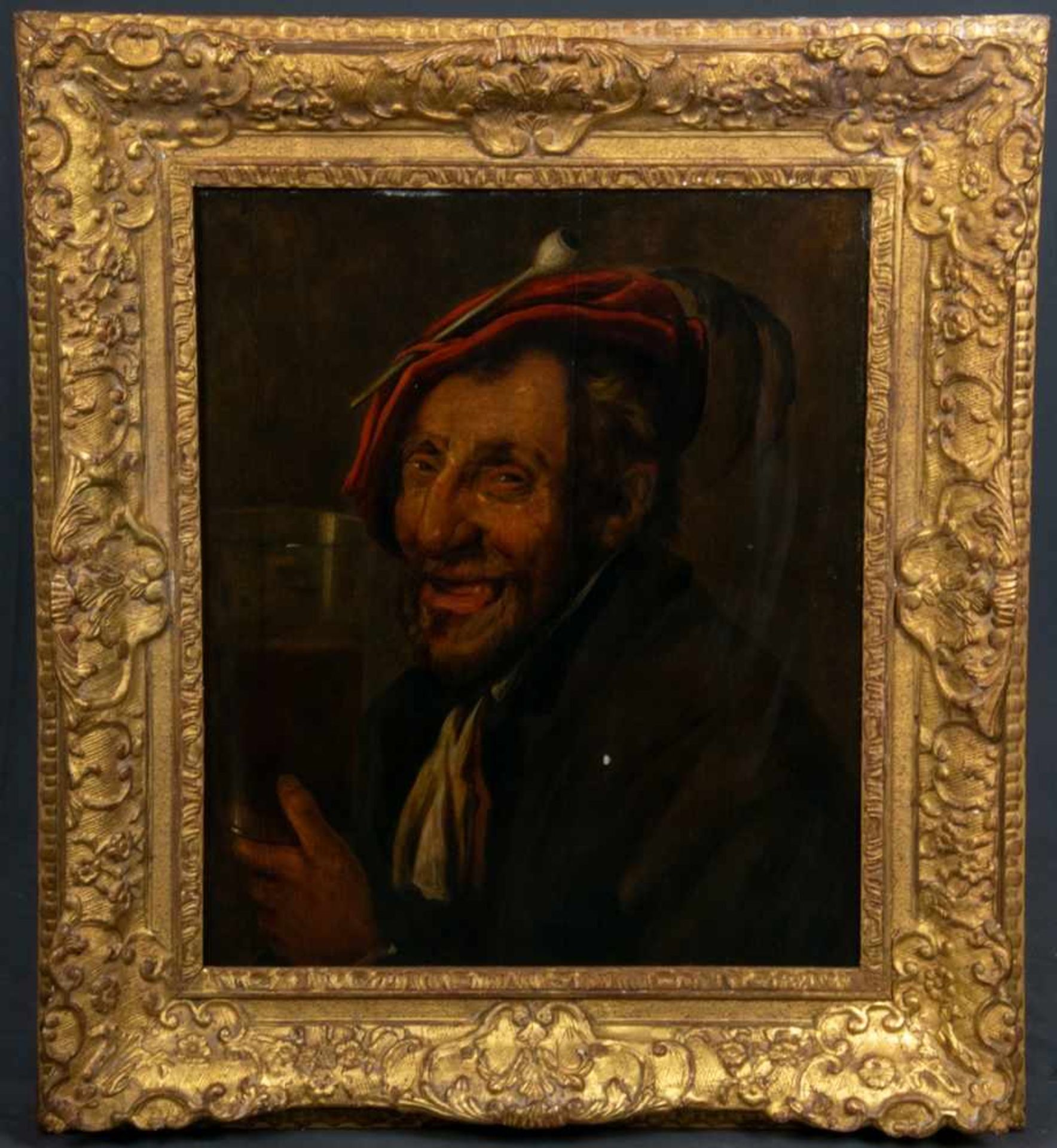 Barockes Porträt eines zechenden Mannes in bester Weinlaune. Gemälde, Öl auf Holztafel, ca. 53 x