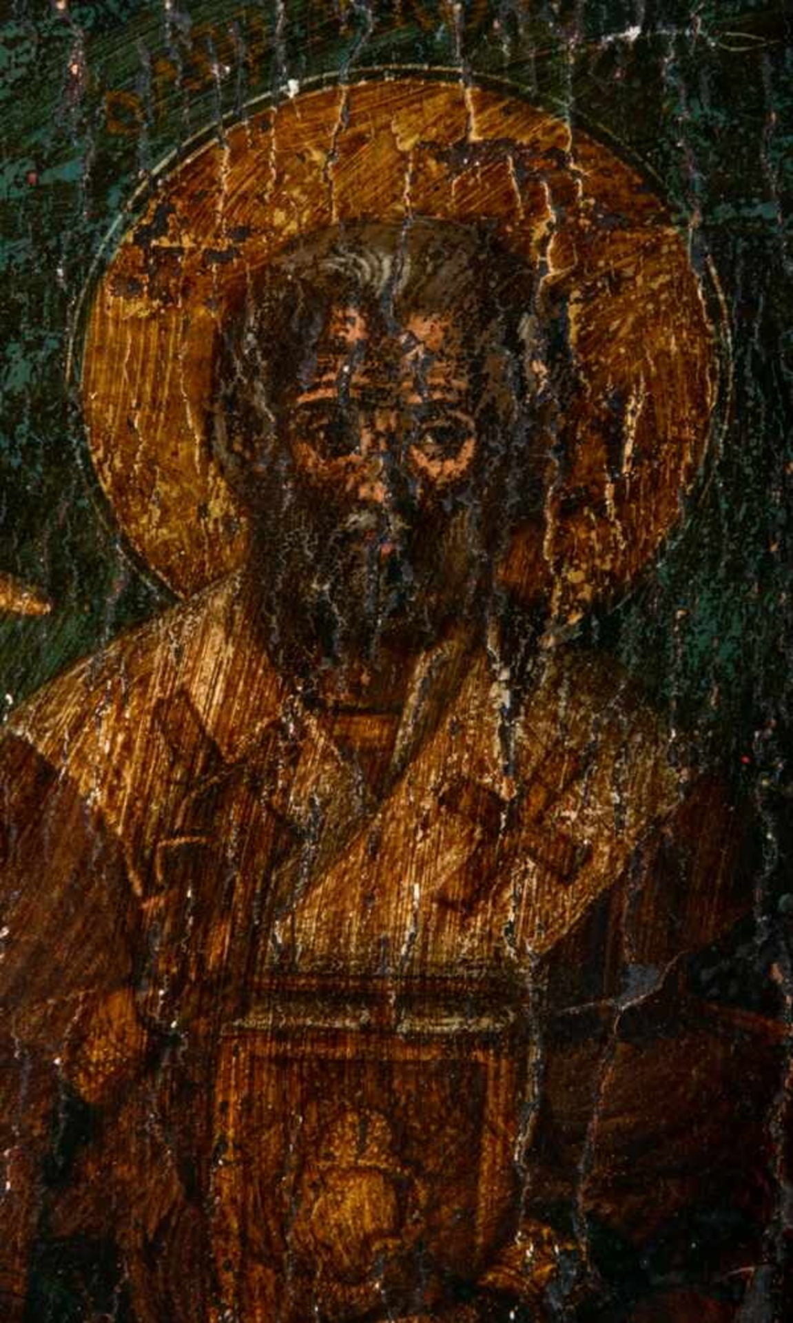 Alte oder antike Ikone mit Darstellung dreier Heiliger. Eitempera auf Eichenholztafel, ca. 48 x 37 - Bild 3 aus 6