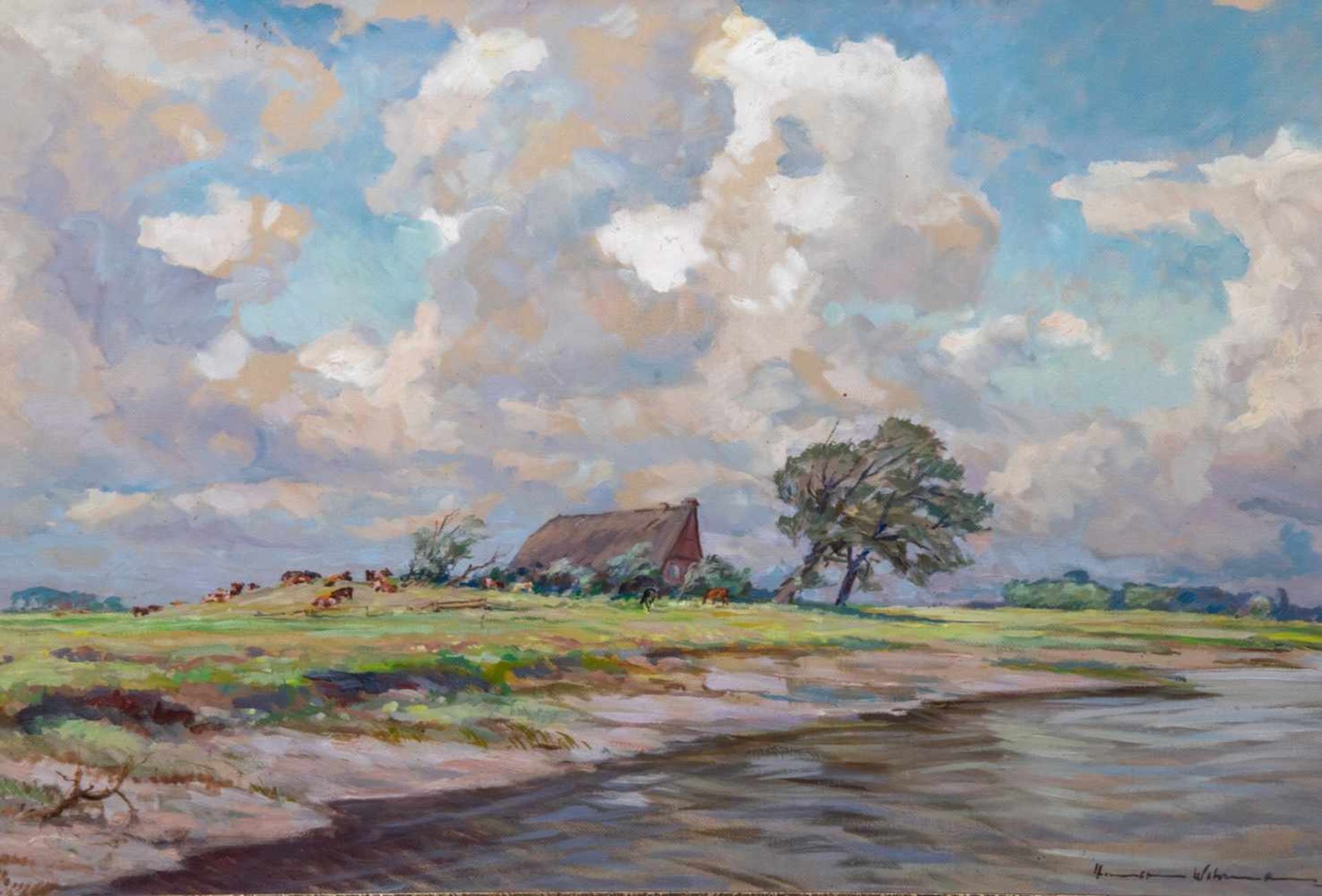 "Stürmische friesische Küstenlandschaft". Gemälde, Öl auf Hartfaserplatte, ca. 65 x 95 cm, - Bild 2 aus 8