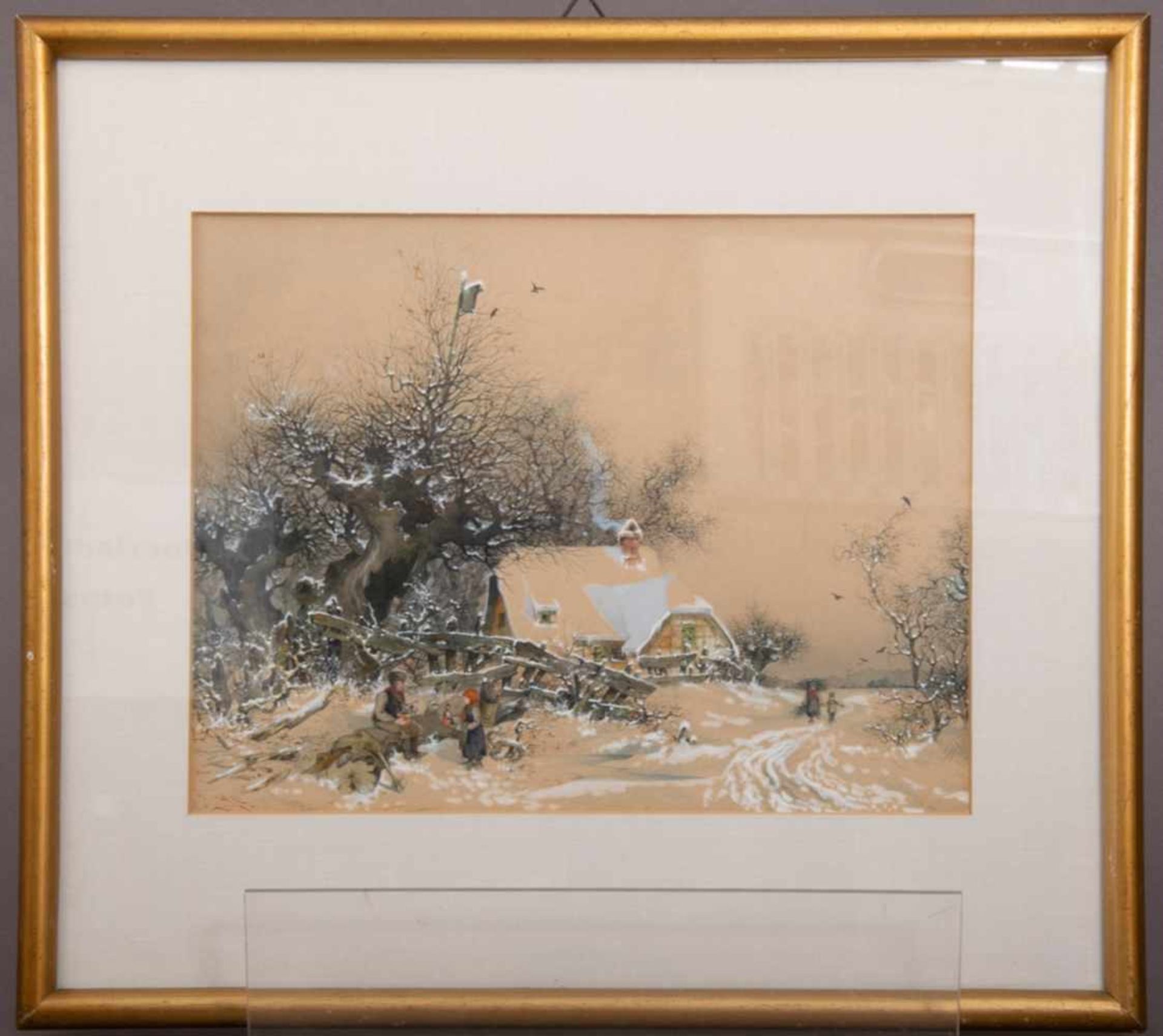 "Picknick im Schnee". Aquarellierte Tuschfederzeichnung, mit Deckweiß gehöht. Bauernhaus in von