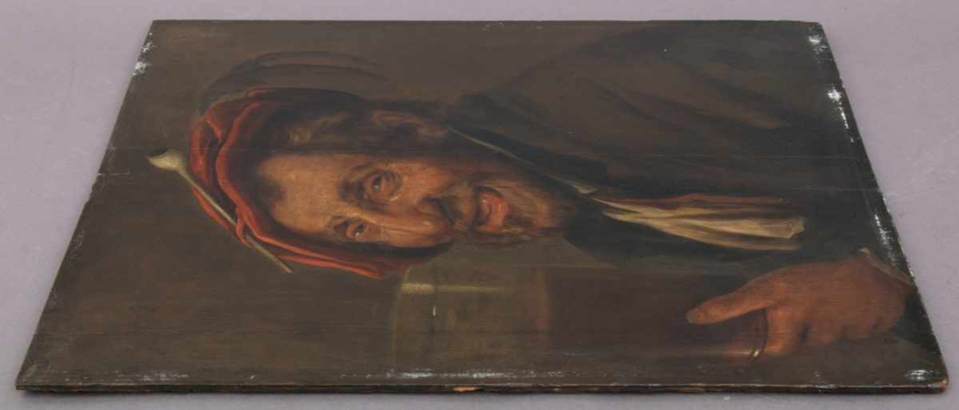Barockes Porträt eines zechenden Mannes in bester Weinlaune. Gemälde, Öl auf Holztafel, ca. 53 x - Bild 9 aus 12
