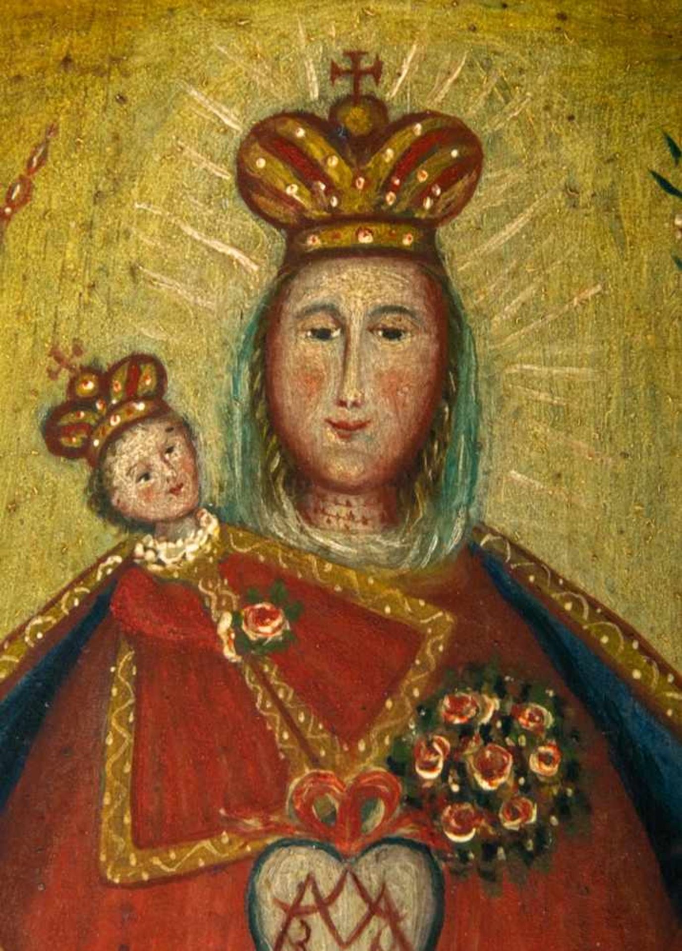 Antike Ikone/Votivtafel "Maria mit dem Kinde". Eitempera auf Nadelholztafel, ca. 31 x 22 cm, 18./19. - Bild 3 aus 7