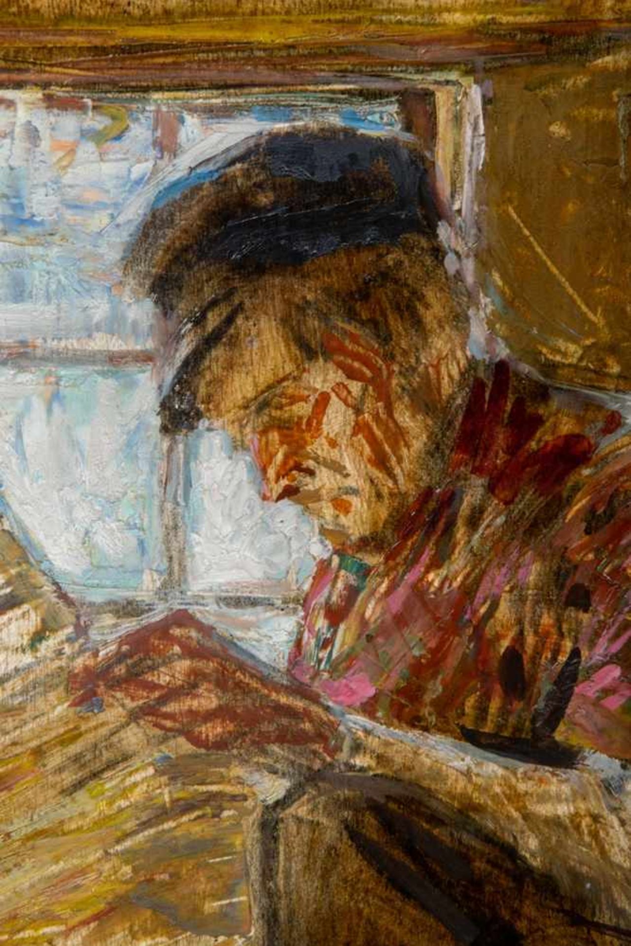 "Die Zeitung" lesender Arbeiter auf einer Kiste sitzend. Gemälde, Öl auf Platte, ca. 60 x 50 cm, - Bild 3 aus 6