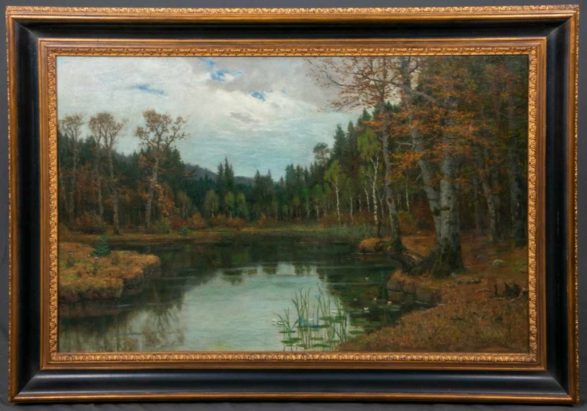 "Herbstlicher Wald mit See". Gemälde, Öl auf Leinwand, ca. 64 x 100 cm, signiert C. Eilers =