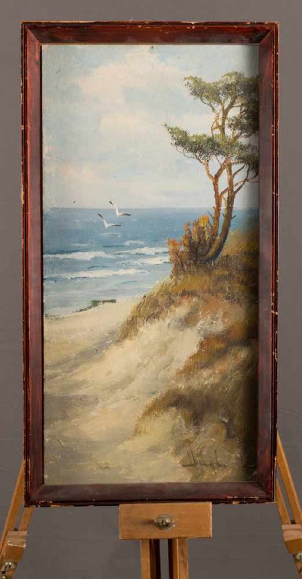 Schmales Gemälde "Ostseestrand", Mitte 20. Jhd., unten rechts unleserlich signiertes Gemälde, Öl auf - Bild 5 aus 6