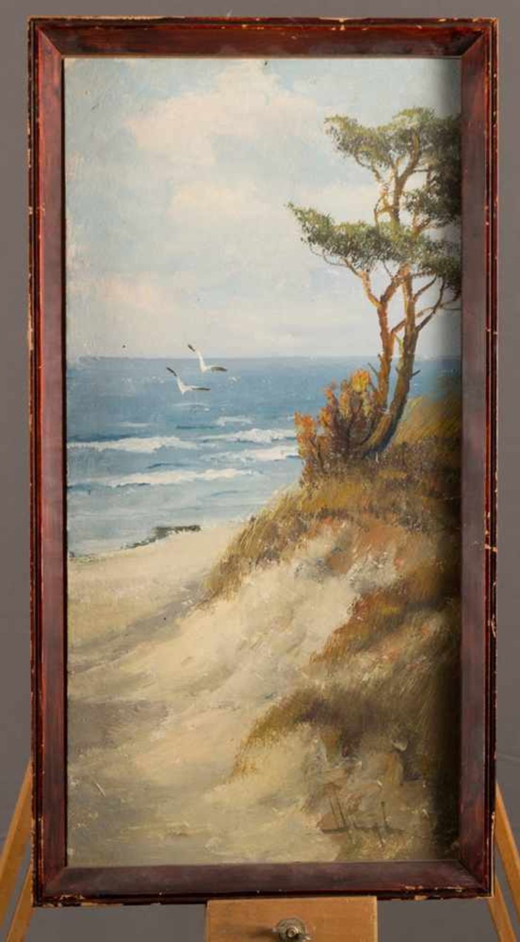 Schmales Gemälde "Ostseestrand", Mitte 20. Jhd., unten rechts unleserlich signiertes Gemälde, Öl auf