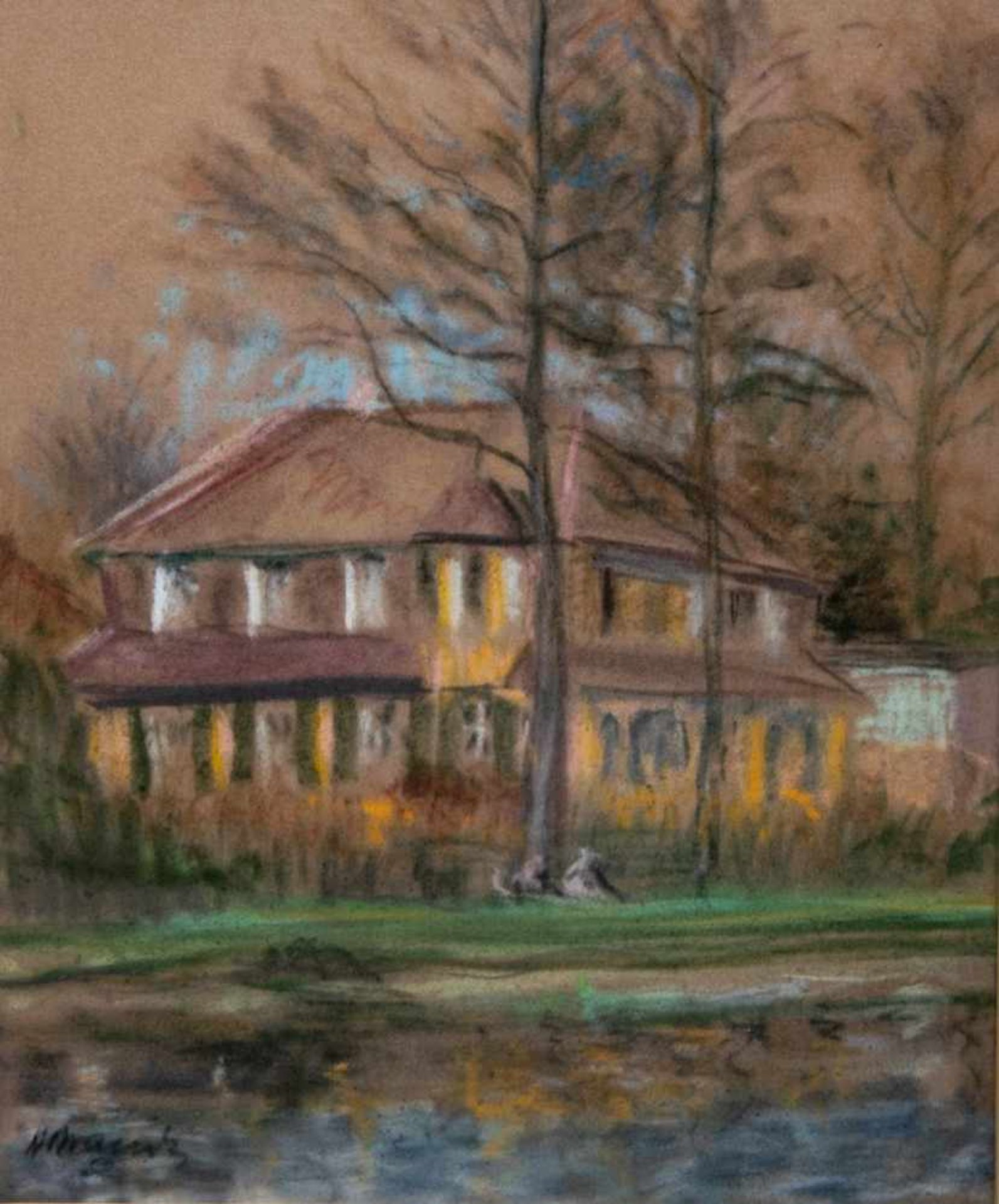 "Gelbes Haus", hinter Glas gerahmtes Pastell, ca. 39 x 31 cm, unten links signiert "Kranitz" (o. - Image 2 of 6