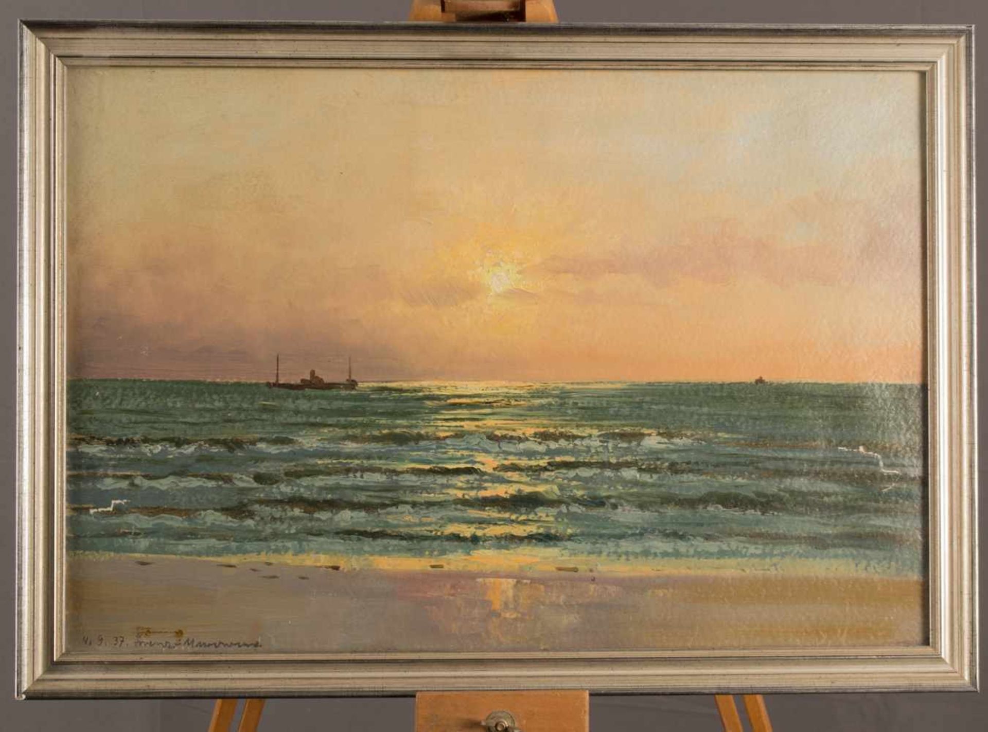 "Strand auf..." - stimmungsvolles Gemälde, Öl auf ?, ca. 31 x 46 cm (lichtes Innenmaß), links