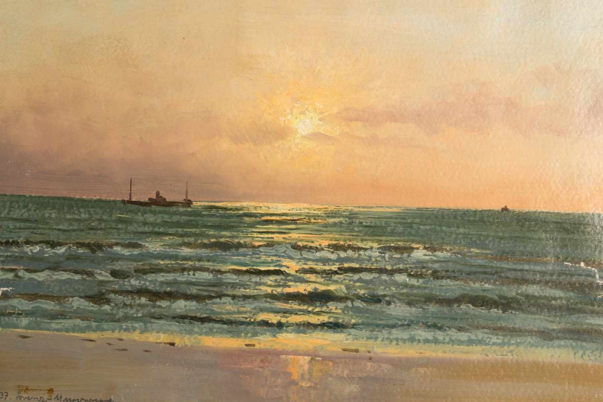 "Strand auf..." - stimmungsvolles Gemälde, Öl auf ?, ca. 31 x 46 cm (lichtes Innenmaß), links - Bild 3 aus 6