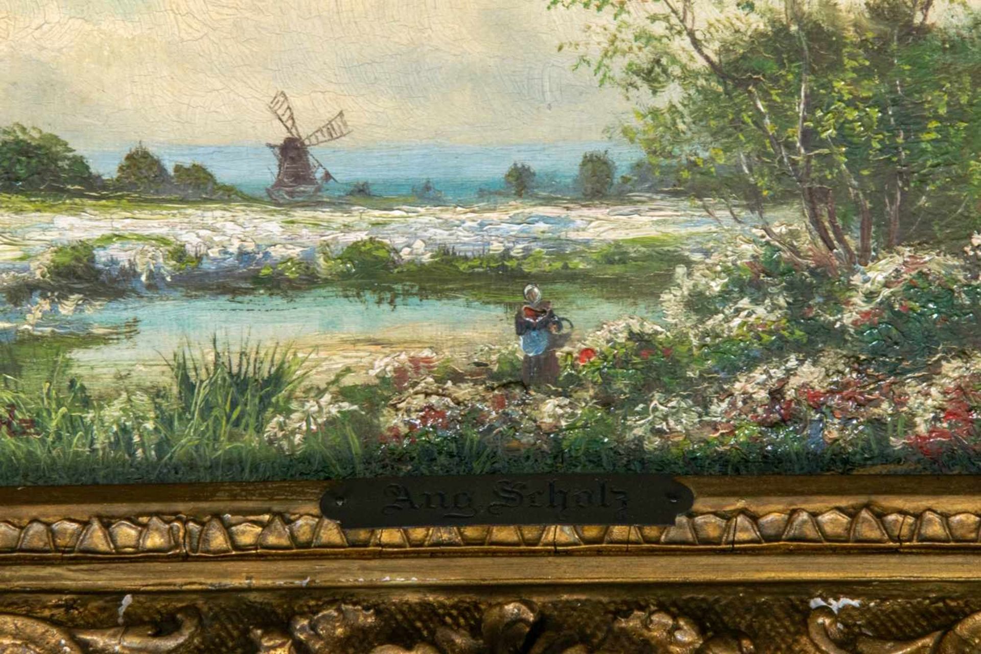 "Blühende Landschaft mit Mühle". Gemälde, Öl auf Holzplatte, um 1880/1900, ca. 20 x 31 cm, - Image 4 of 6