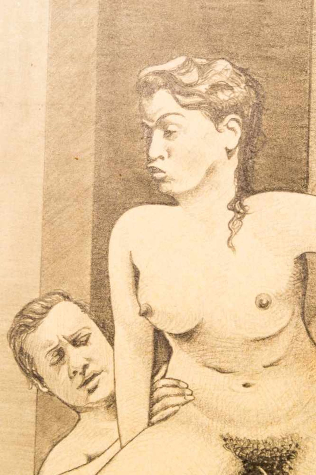 "Die Voyeurin"" - erotische, unsignierte Bleistiftzeichnung, um 1920/30, im Bild Klebereste (!???!). - Bild 3 aus 9