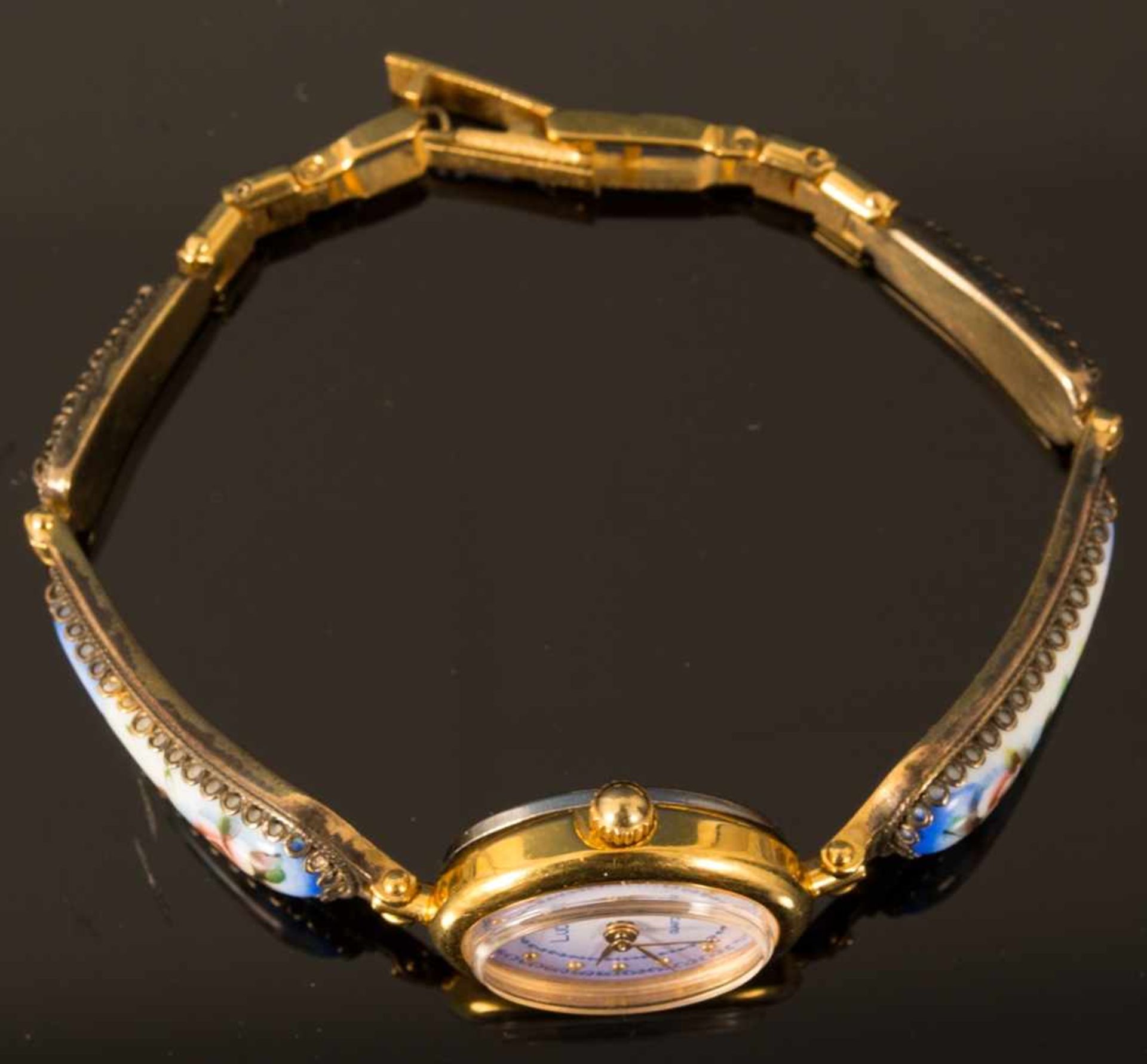 Elegante Damenarmbanduhr der Marke "LUCH", ungeprüftes Quarzwerk, vergoldetes und teilemailliertes - Bild 9 aus 9