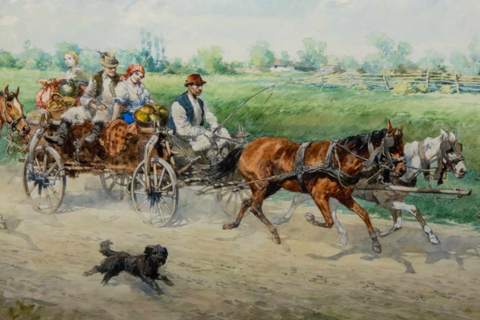 "Sommerliche Kutschfahrt" - großformatiges Aquarell, ca. 60 x 100 cm, signiert "Wallburg, Egon - - Bild 2 aus 6