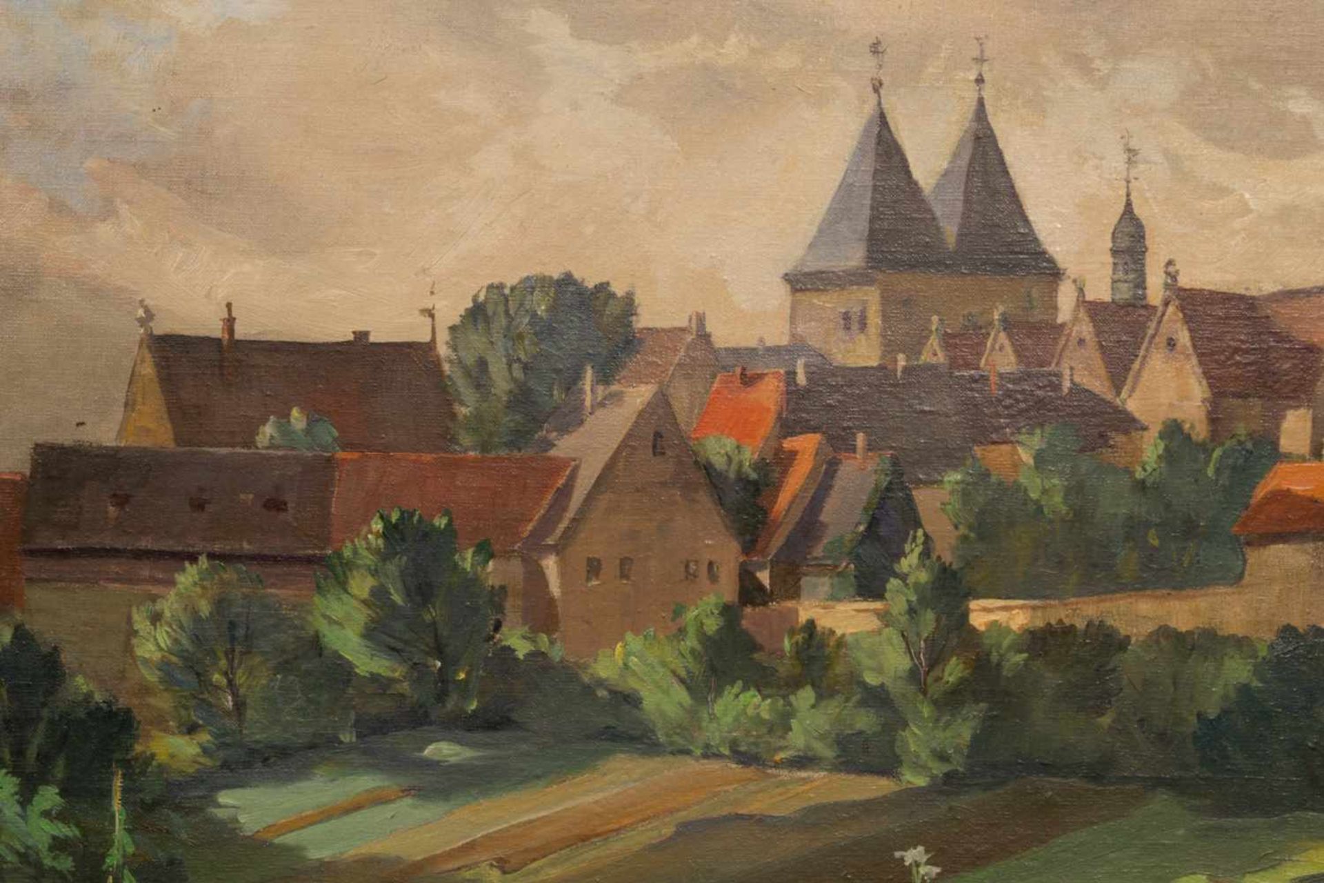 "Sommerliche Kleinstadt - Idylle", Gemälde, Öl auf Malpappe, ca. 43 x 53 cm, signiert: "Fritz Bohm - - Bild 2 aus 5