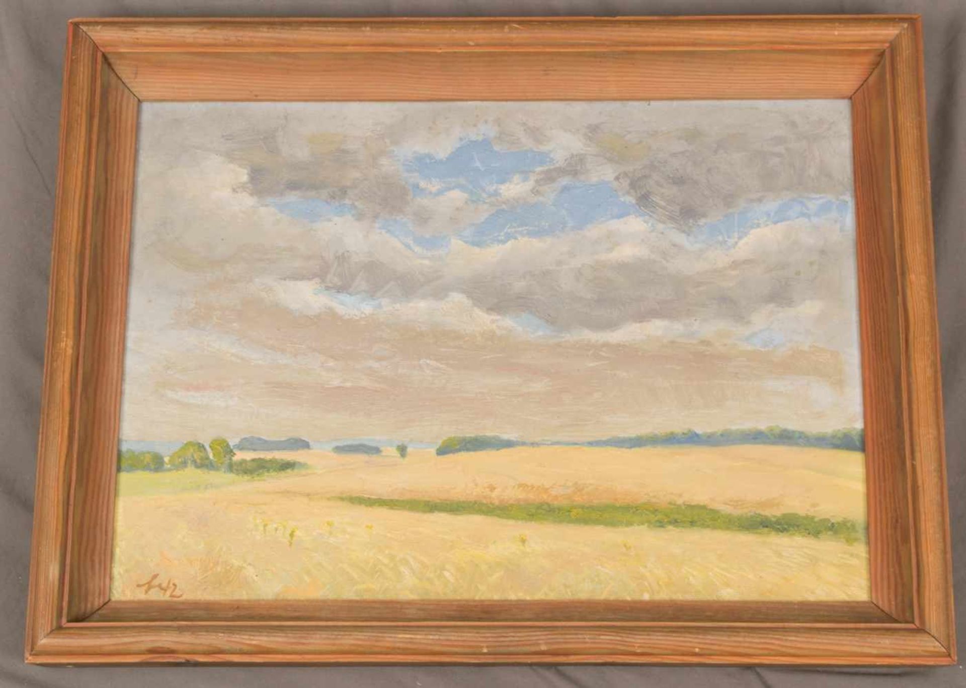 "Märkische Landschaft" - 1942. Gemälde, Öl auf Karton, ca. 41 x 56 cm, monogrammiert "b42" = Paul