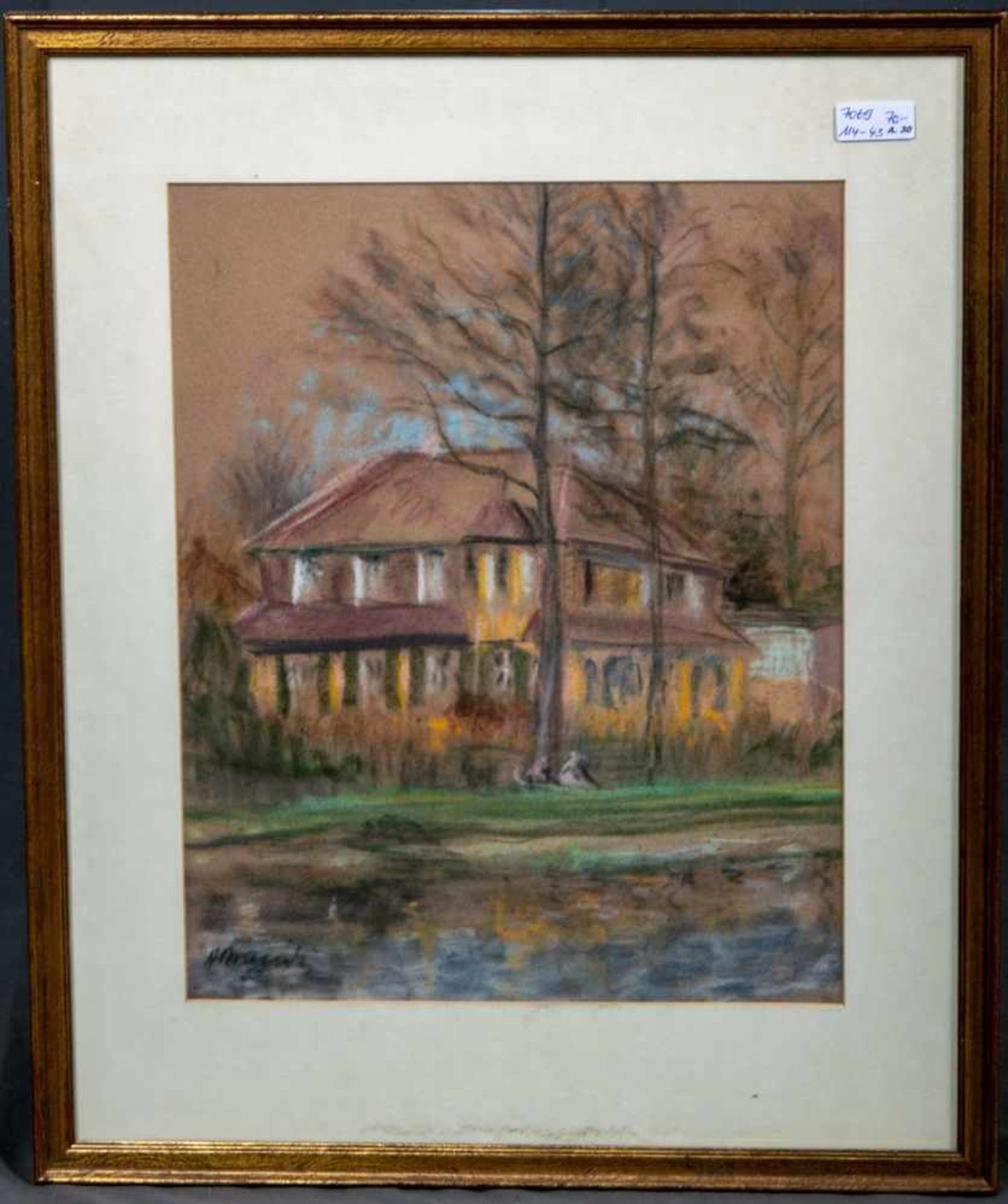"Gelbes Haus", hinter Glas gerahmtes Pastell, ca. 39 x 31 cm, unten links signiert "Kranitz" (o.