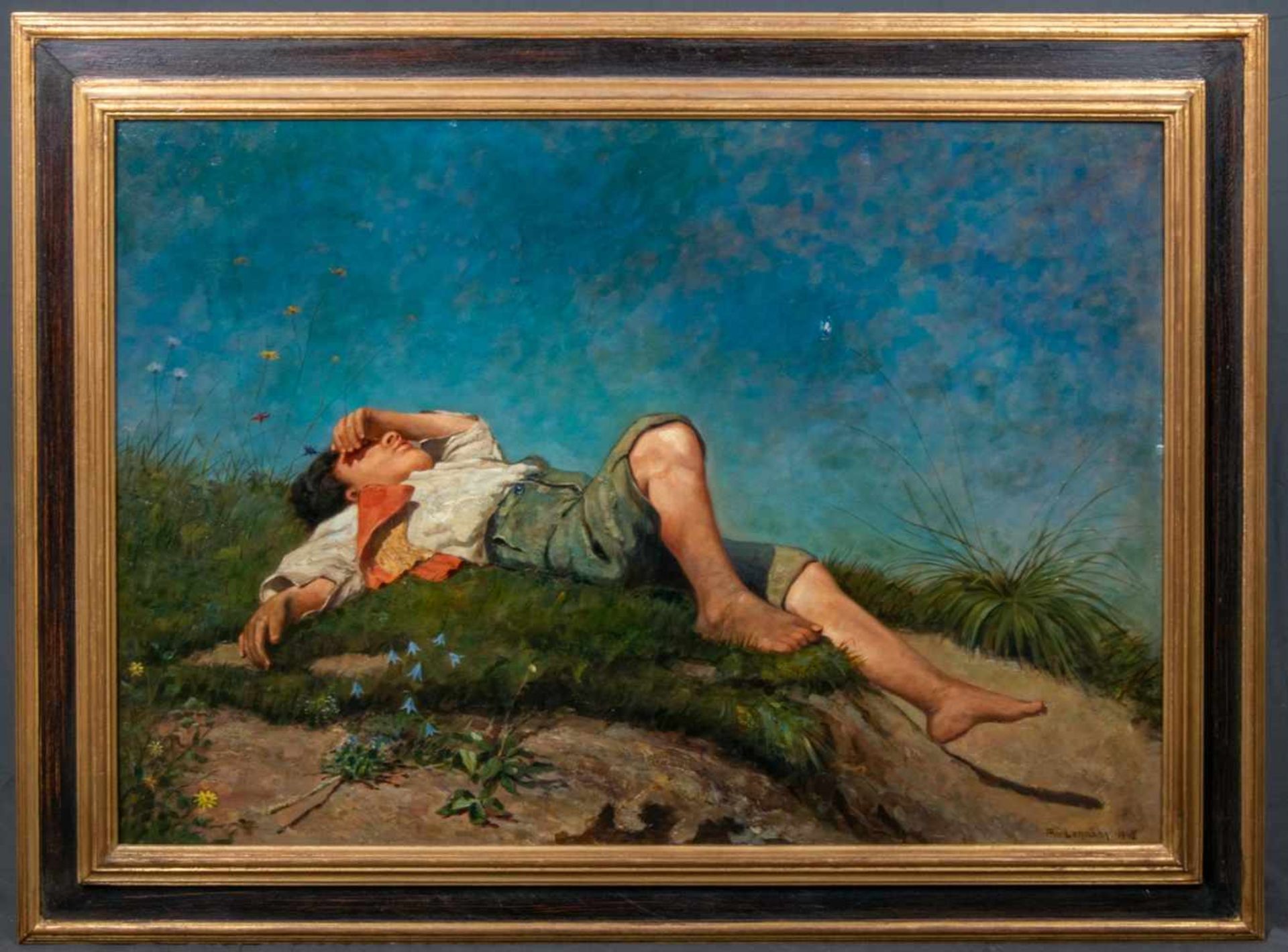 "Ruhender Bursche", Gemälde, Öl auf Schichtholzplatte, ca. 69 x 99 cm, signiert Phil. Lehmann