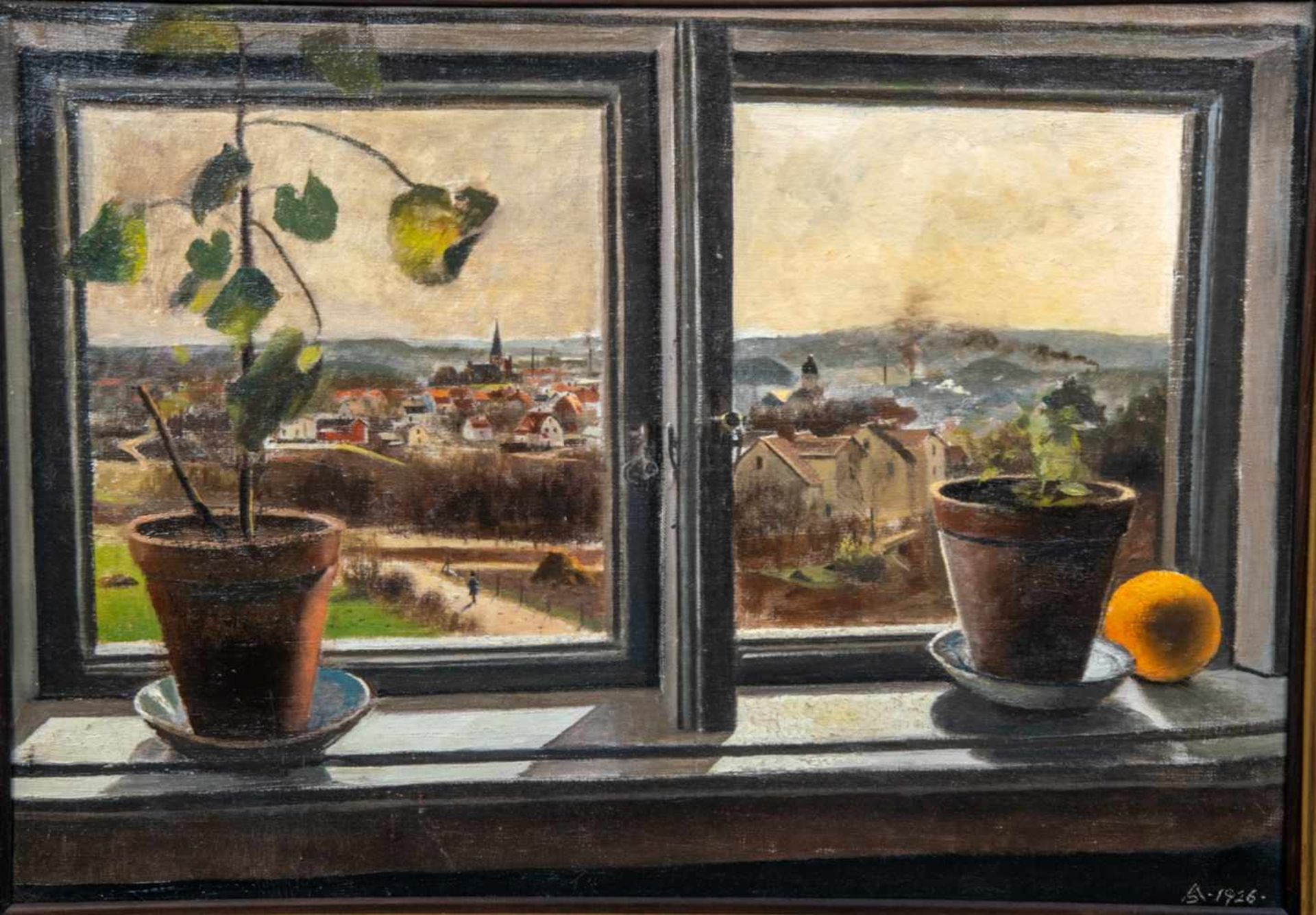 "Fensterblick auf stilles Dorf" - Gemälde des Axel Soeborg (1872 - 1939), Öl auf Leinwand, ca. 52 - Bild 2 aus 8