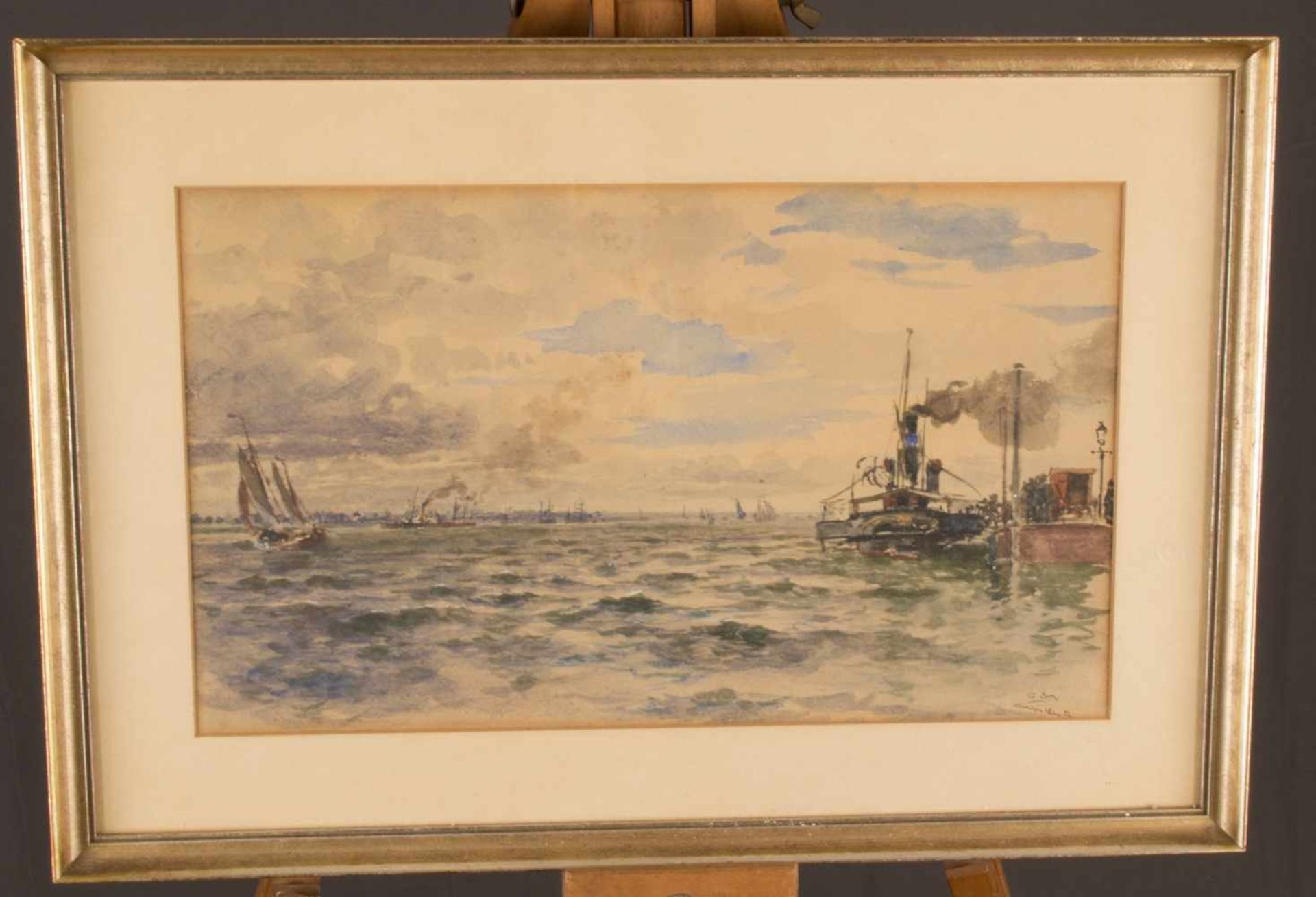 "Elbe bei Hamburg", Aquarell des Gustav W. Schulze, ca. 21 x 36 cm. Monogramiert "G. Sch." bez.