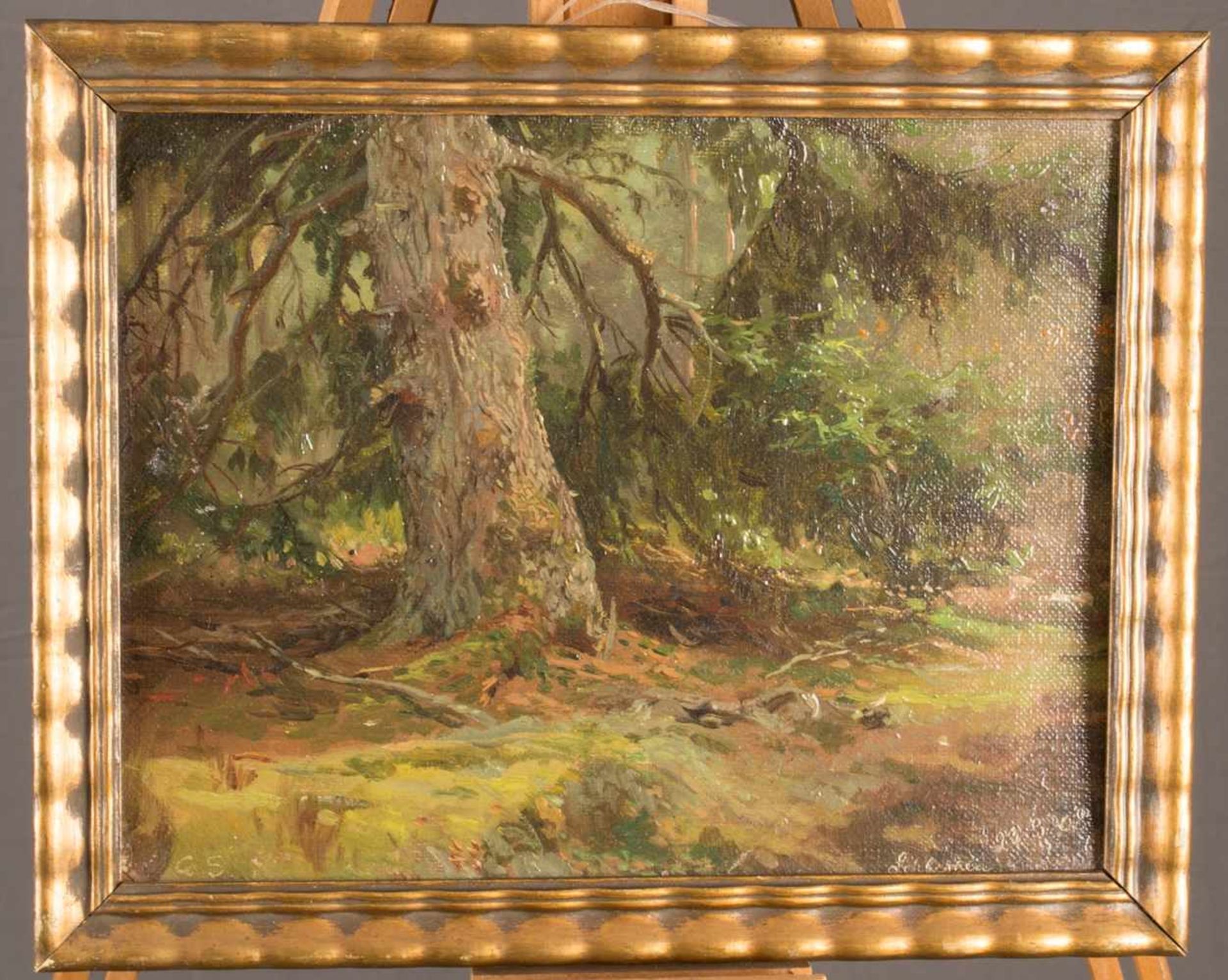 "Sommerlicher Waldboden", Gemälde, Öl auf Holz, ca. 21 x 27 cm, monogrammiert "G. S." unten rechts