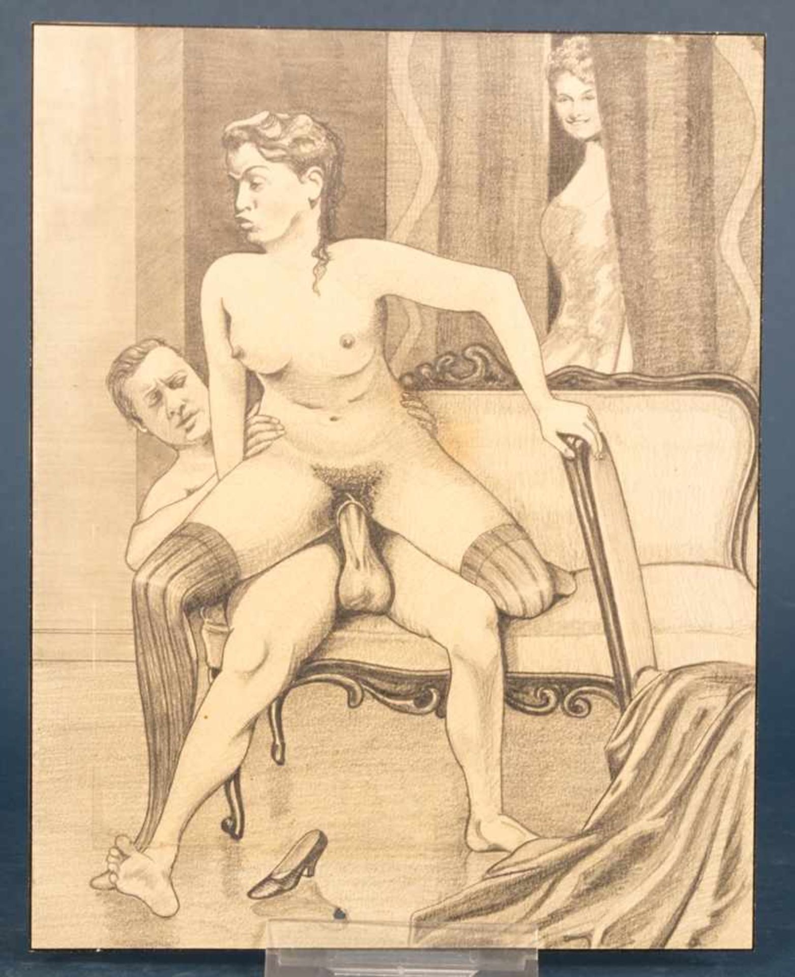 "Die Voyeurin"" - erotische, unsignierte Bleistiftzeichnung, um 1920/30, im Bild Klebereste (!???!). - Bild 2 aus 9