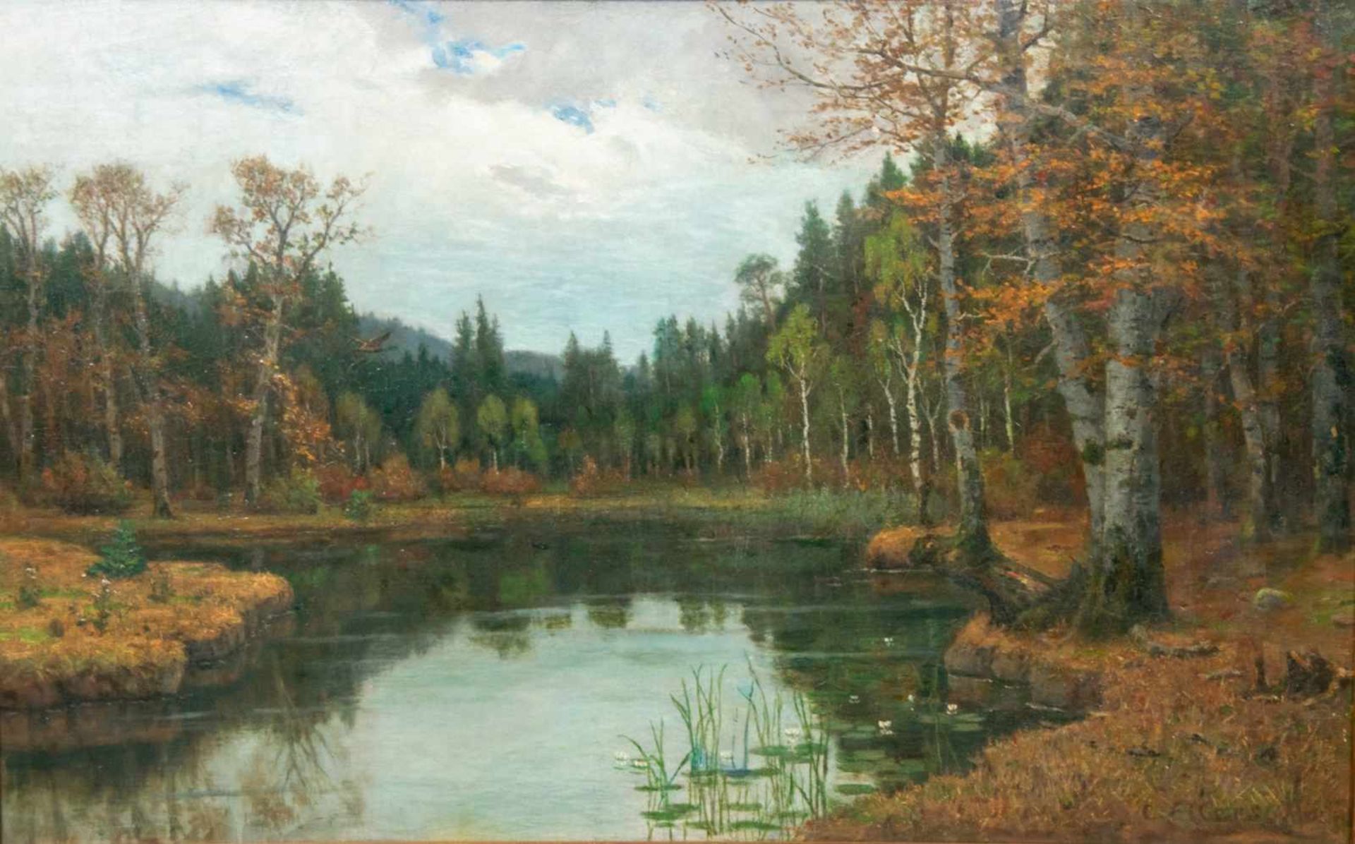 "Herbstlicher Wald mit See". Gemälde, Öl auf Leinwand, ca. 64 x 100 cm, signiert C. Eilers = - Image 2 of 9