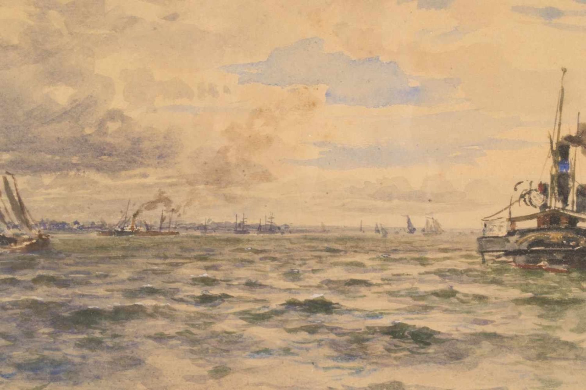 "Elbe bei Hamburg", Aquarell des Gustav W. Schulze, ca. 21 x 36 cm. Monogramiert "G. Sch." bez. - Bild 2 aus 7