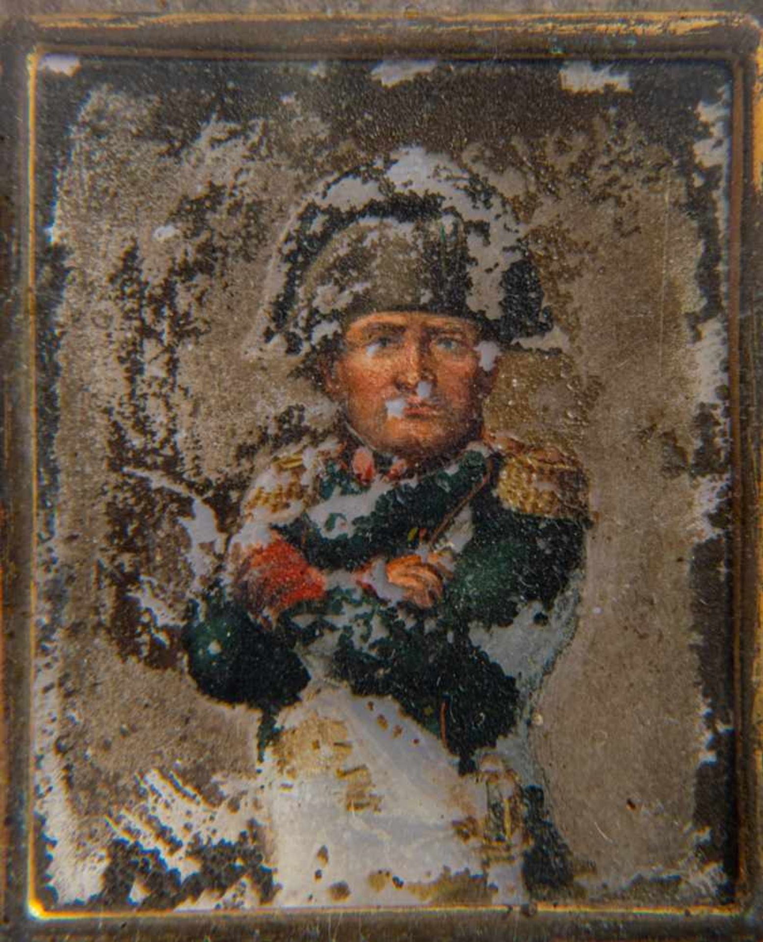 "Napoleon Bonaparte", Öl auf Blech, ca. 5 x 4,2 cm, fragmentarische Erhaltung, wohl um 1820/30, in - Bild 4 aus 5