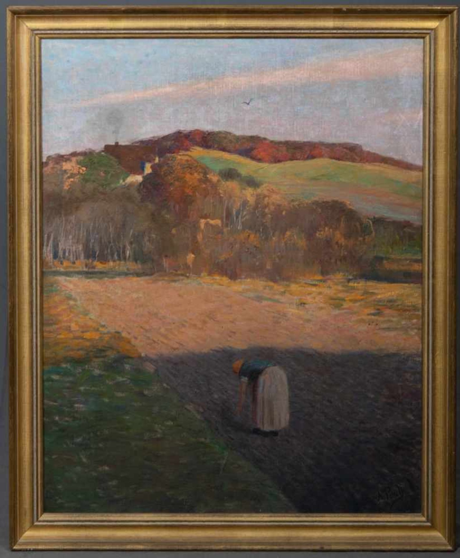 "Bei der Feldarbeit". Gemälde, Öl auf Hartfaser/Malkarton, ca. 69 x 54 cm, signiert A. Pauly.