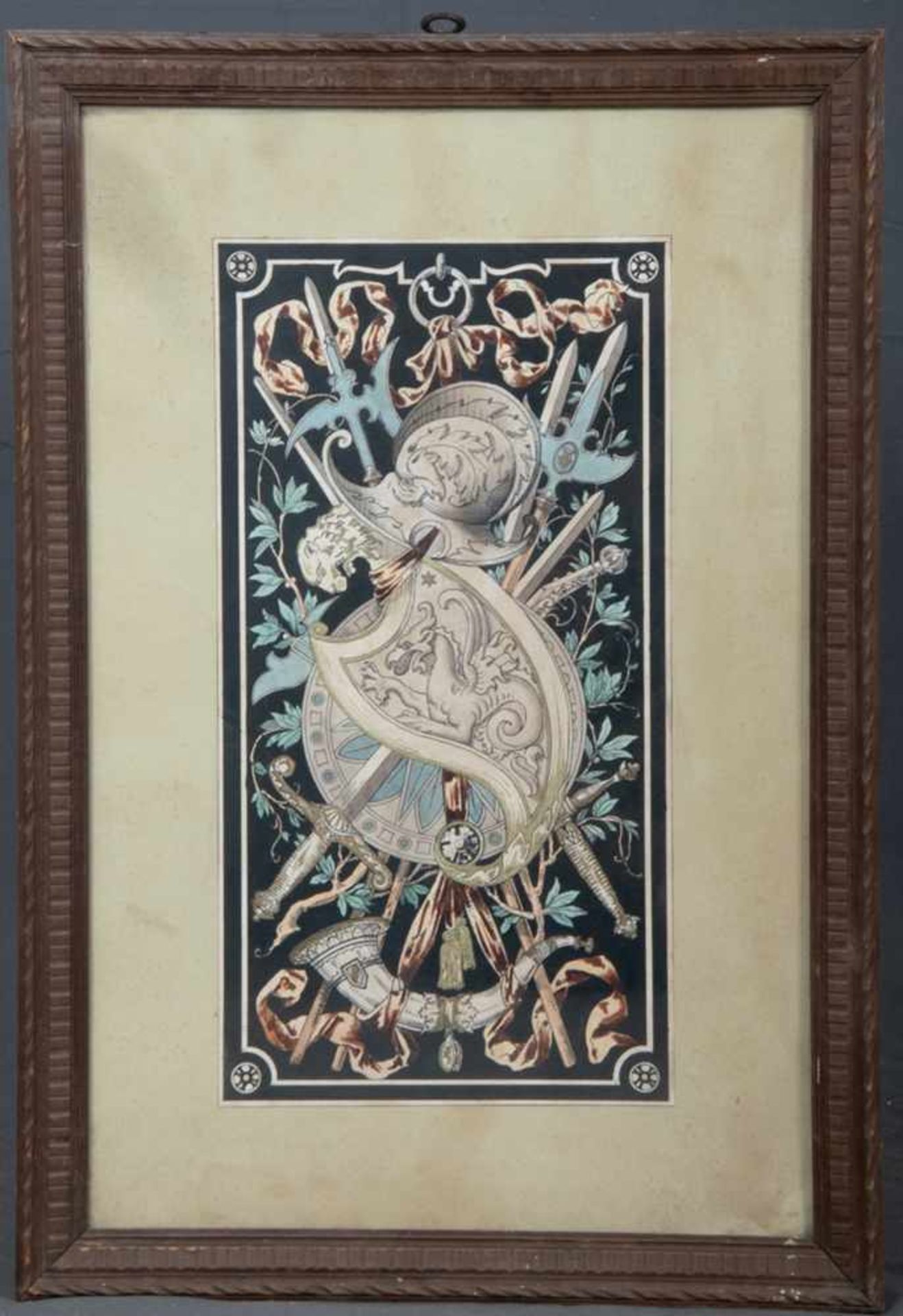 "Heraldische Motivik" - Historismus um 1880. Mischtechnik auf Papier, unsigniert. Ca. 21 x 39 cm.
