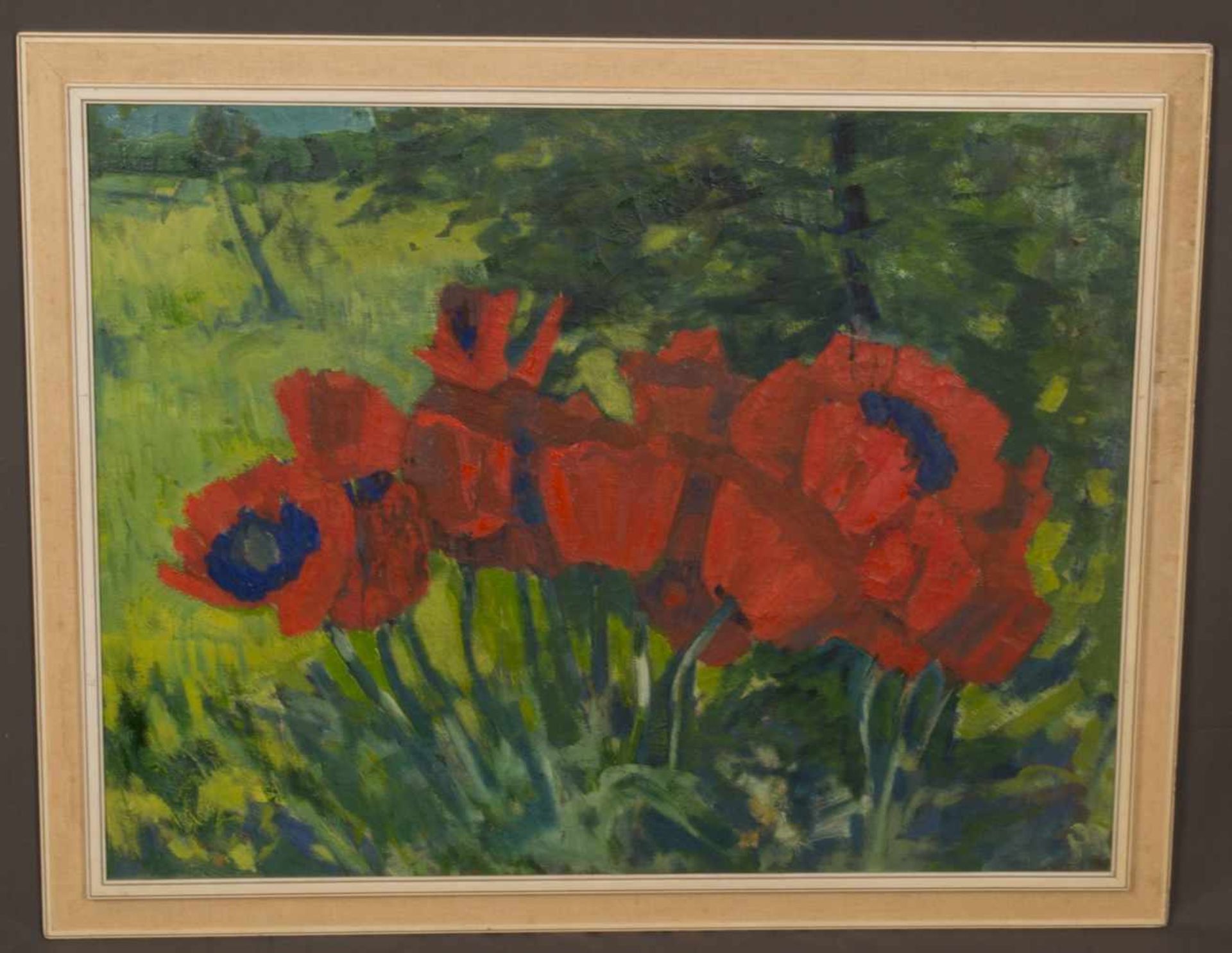 "Klatschmohn" am Wiesenrand. Gemälde, Öl auf Leinwand, ca. 71 x 92 cm, Paul Baak (1912 - 1994)