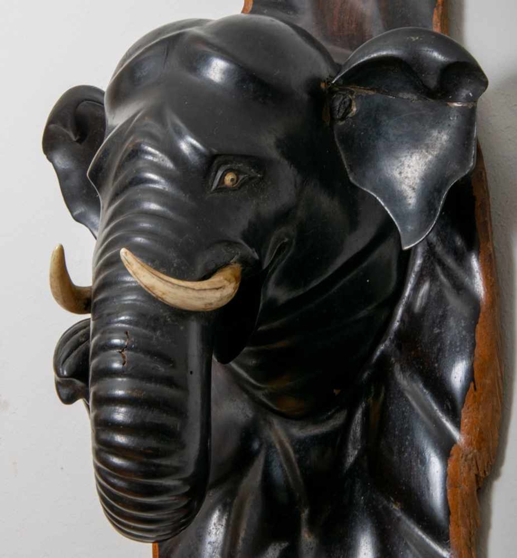 "Elefantenkopf" - stilisierte/handgeschnitzte Trophäe, Hartholz mit eingesetzten Glasaugen & - Image 5 of 7