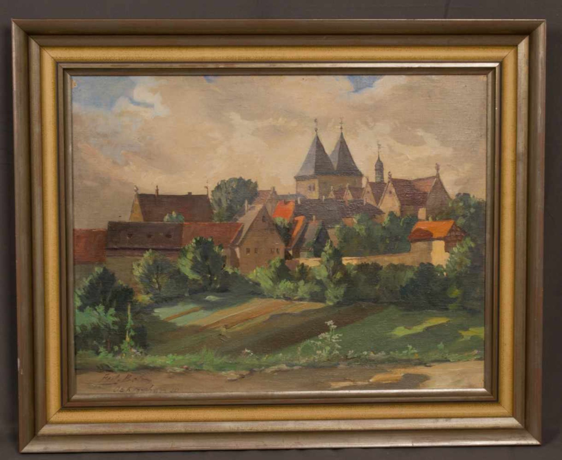 "Sommerliche Kleinstadt - Idylle", Gemälde, Öl auf Malpappe, ca. 43 x 53 cm, signiert: "Fritz Bohm -