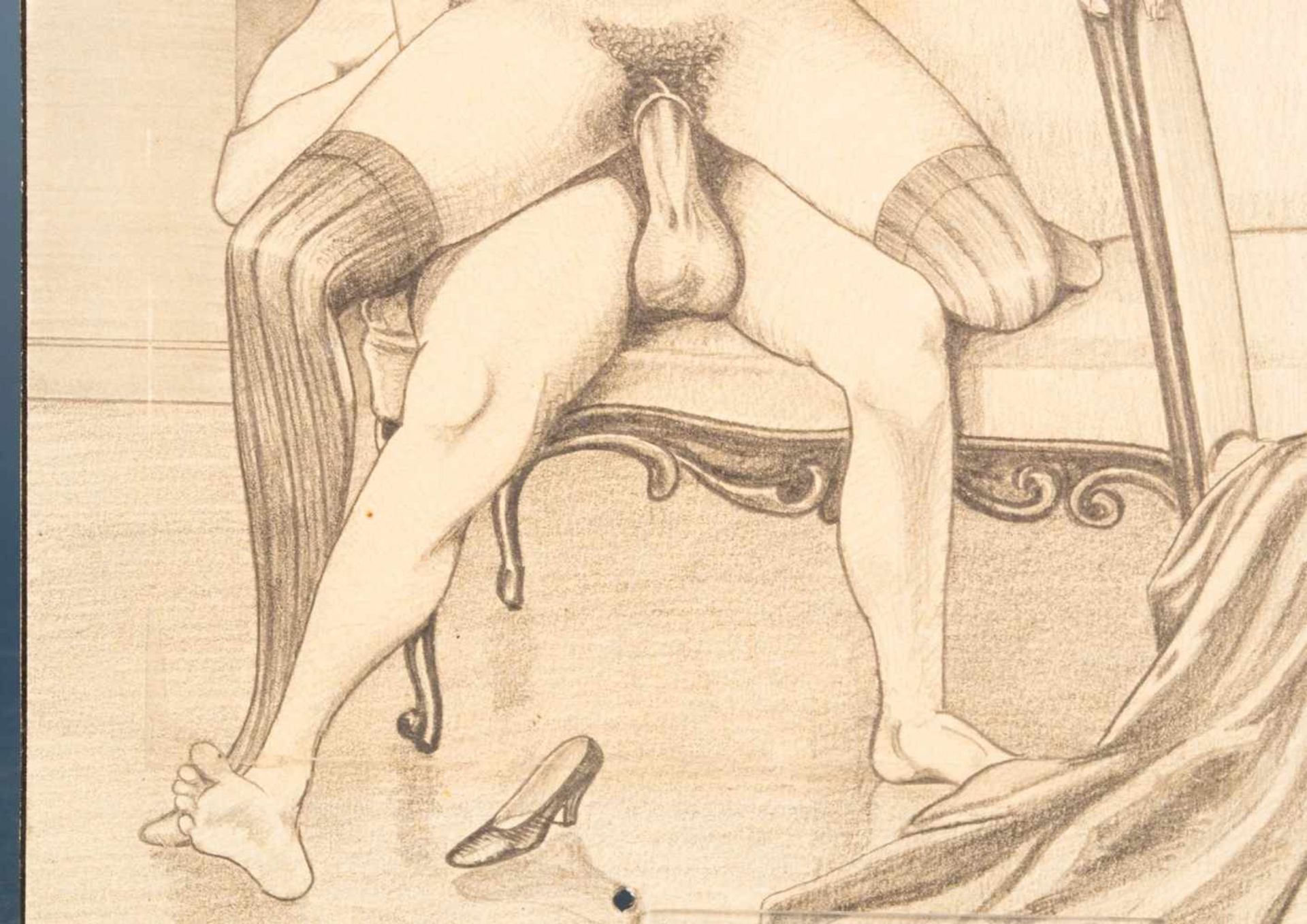 "Die Voyeurin"" - erotische, unsignierte Bleistiftzeichnung, um 1920/30, im Bild Klebereste (!???!). - Bild 6 aus 9