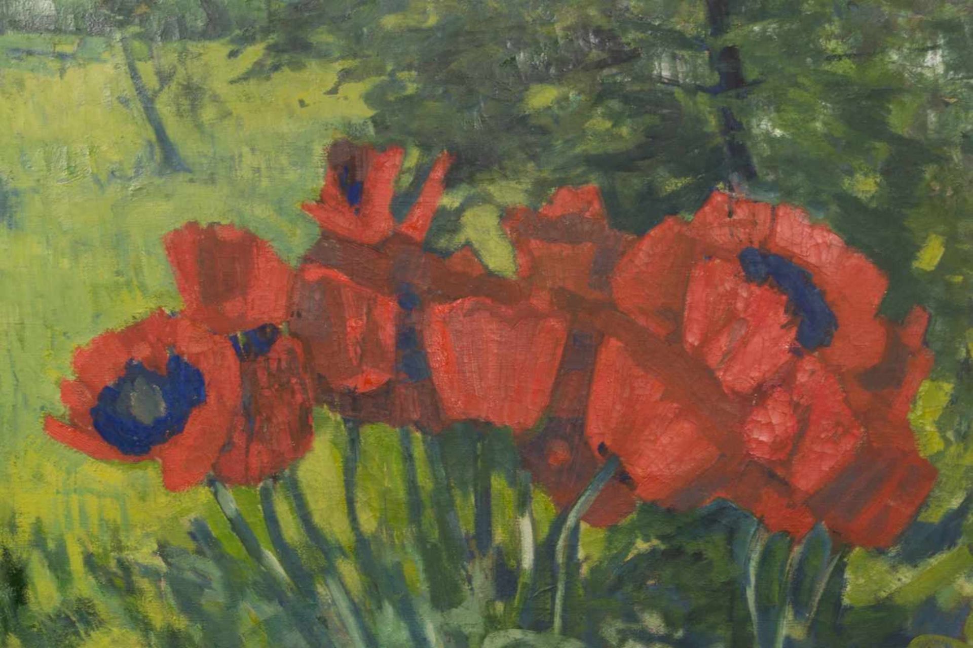 "Klatschmohn" am Wiesenrand. Gemälde, Öl auf Leinwand, ca. 71 x 92 cm, Paul Baak (1912 - 1994) - Bild 2 aus 3