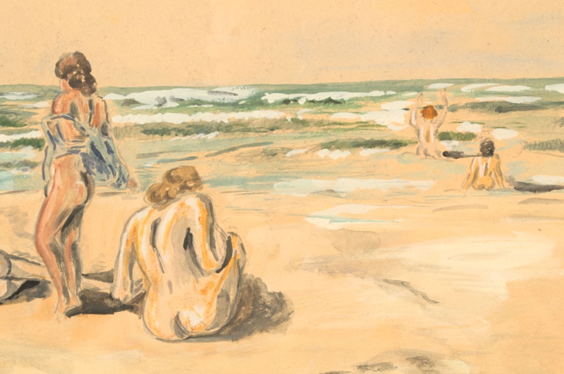 "Am Strand" - badende, nackte Frauen am Meeresstrand, wohl 1930er/40er Jahre, unklar signiert, - Image 5 of 6