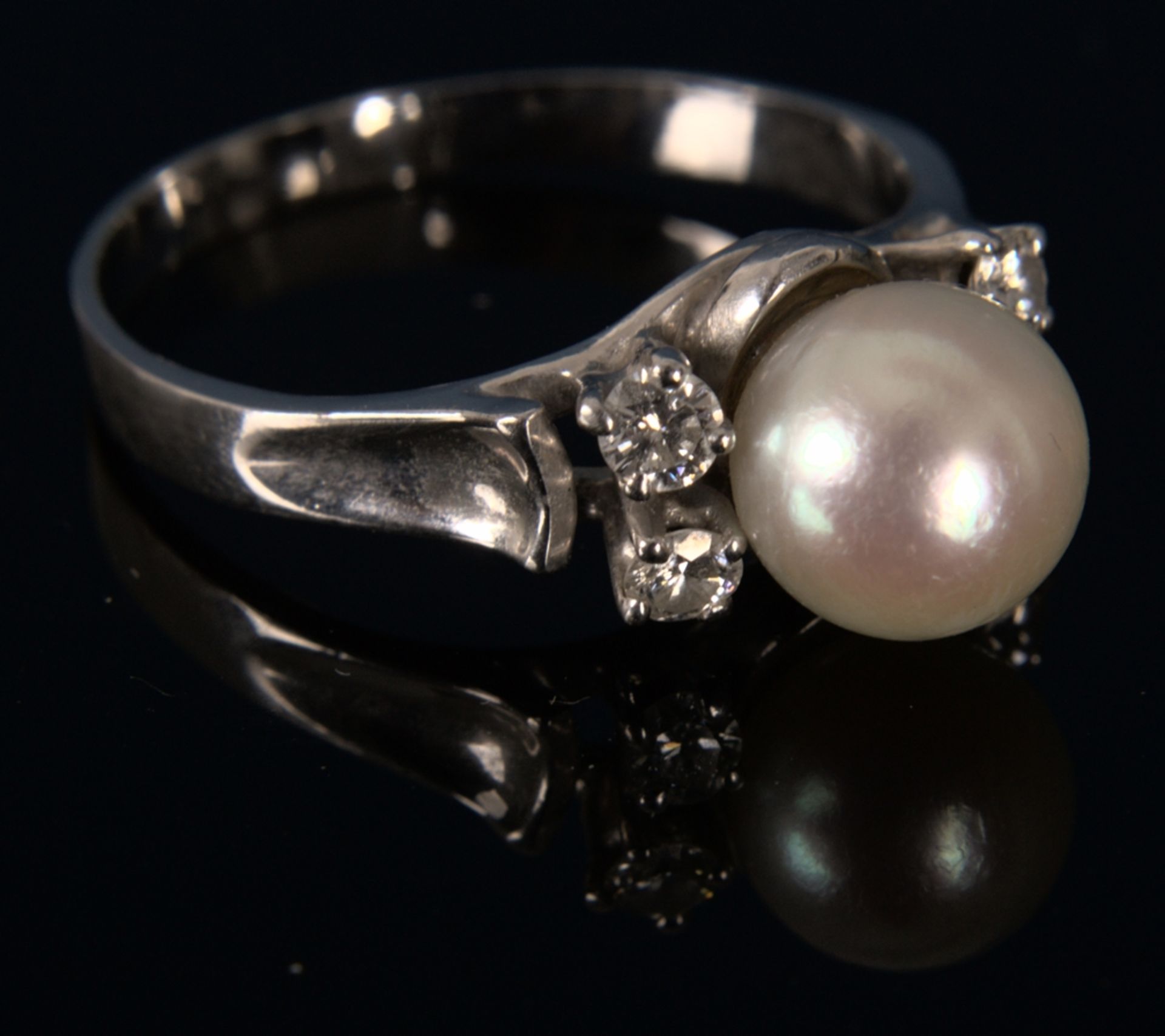 Prächtig eleganter 14 K Weißgold Ring mit gr. Perle umgeben von 4 Diamantsplittern, ungepunzt/ - Bild 5 aus 8