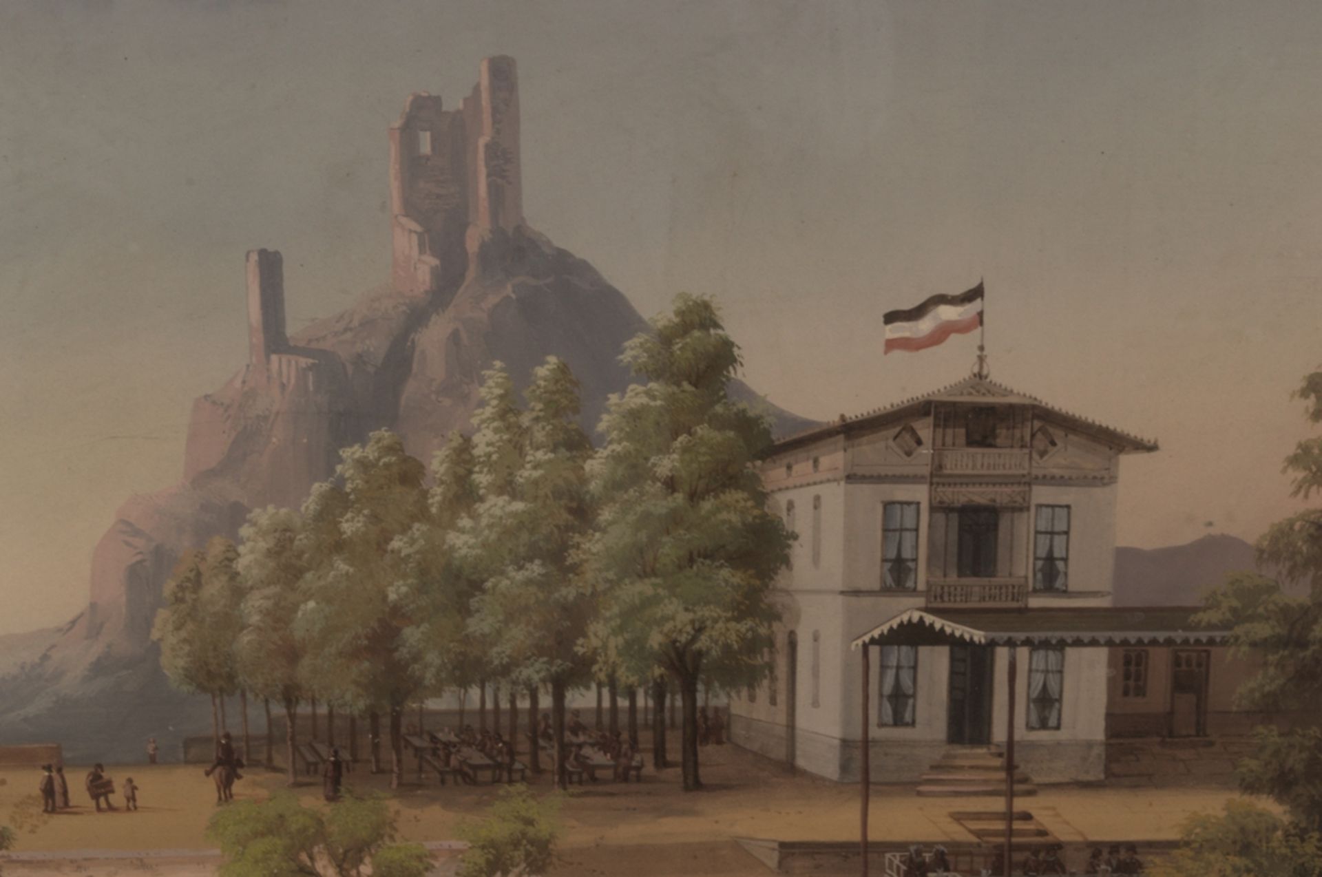 "Der Drachenfels" um 1890 - großformatige Gouache mit Blick auf die Terrasse eines Ausflugslokals - Image 4 of 15