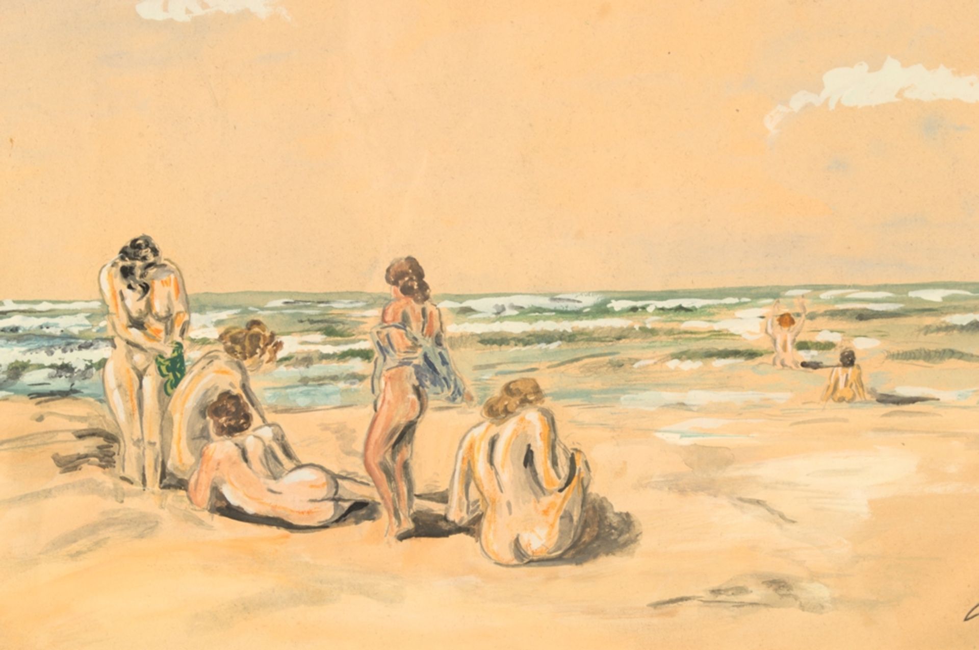 "Am Strand" - badende, nackte Frauen am Meeresstrand, wohl 1930er/40er Jahre, unklar signiert, - Image 2 of 6