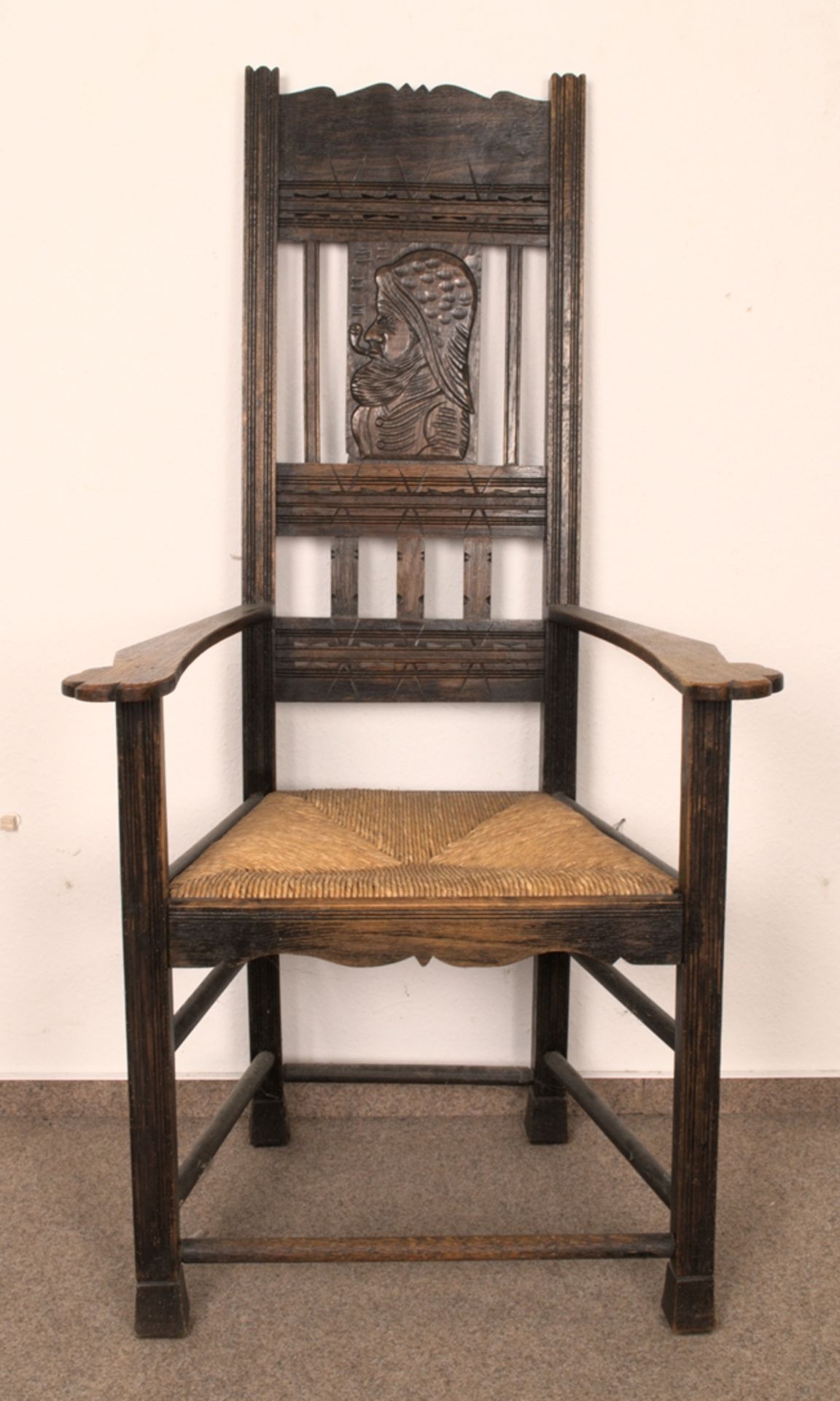Antiker Hochlehner Armlehnstuhl, in Worpsweder-Manier gefertigter Eichenstuhl mit figürlich - Image 9 of 9