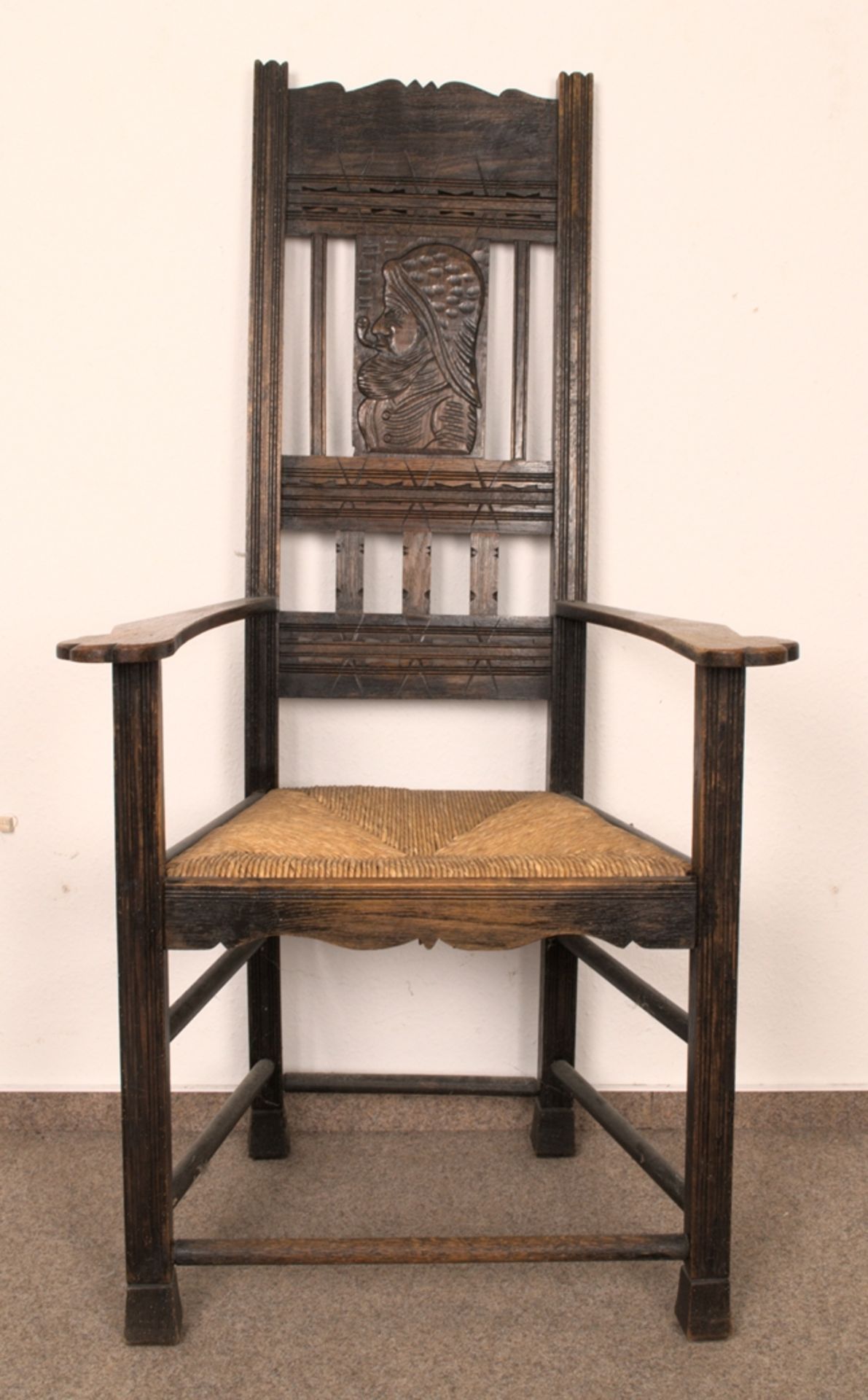 Antiker Hochlehner Armlehnstuhl, in Worpsweder-Manier gefertigter Eichenstuhl mit figürlich - Image 8 of 9
