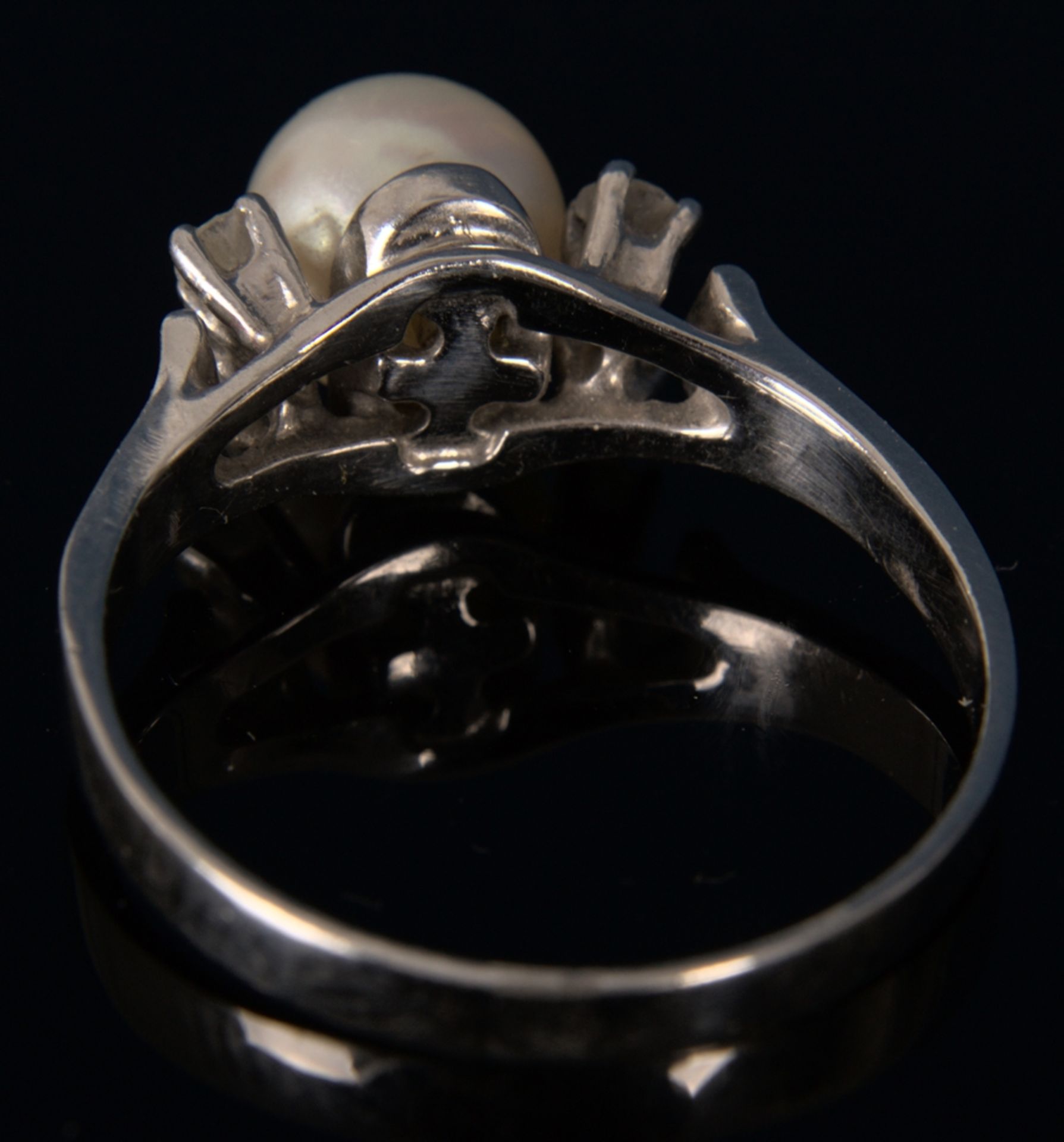 Prächtig eleganter 14 K Weißgold Ring mit gr. Perle umgeben von 4 Diamantsplittern, ungepunzt/ - Bild 4 aus 8