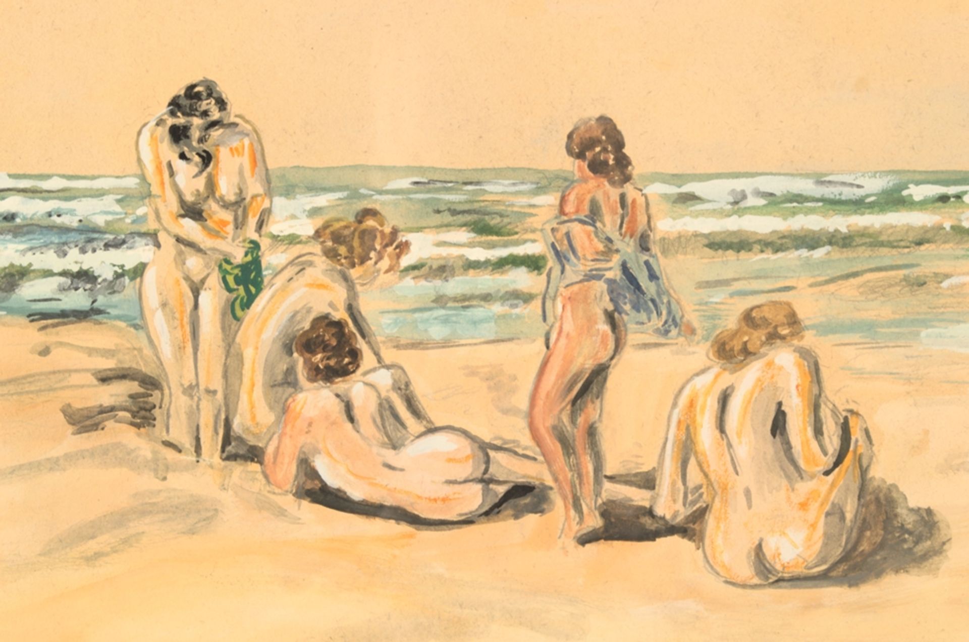 "Am Strand" - badende, nackte Frauen am Meeresstrand, wohl 1930er/40er Jahre, unklar signiert, - Image 4 of 6