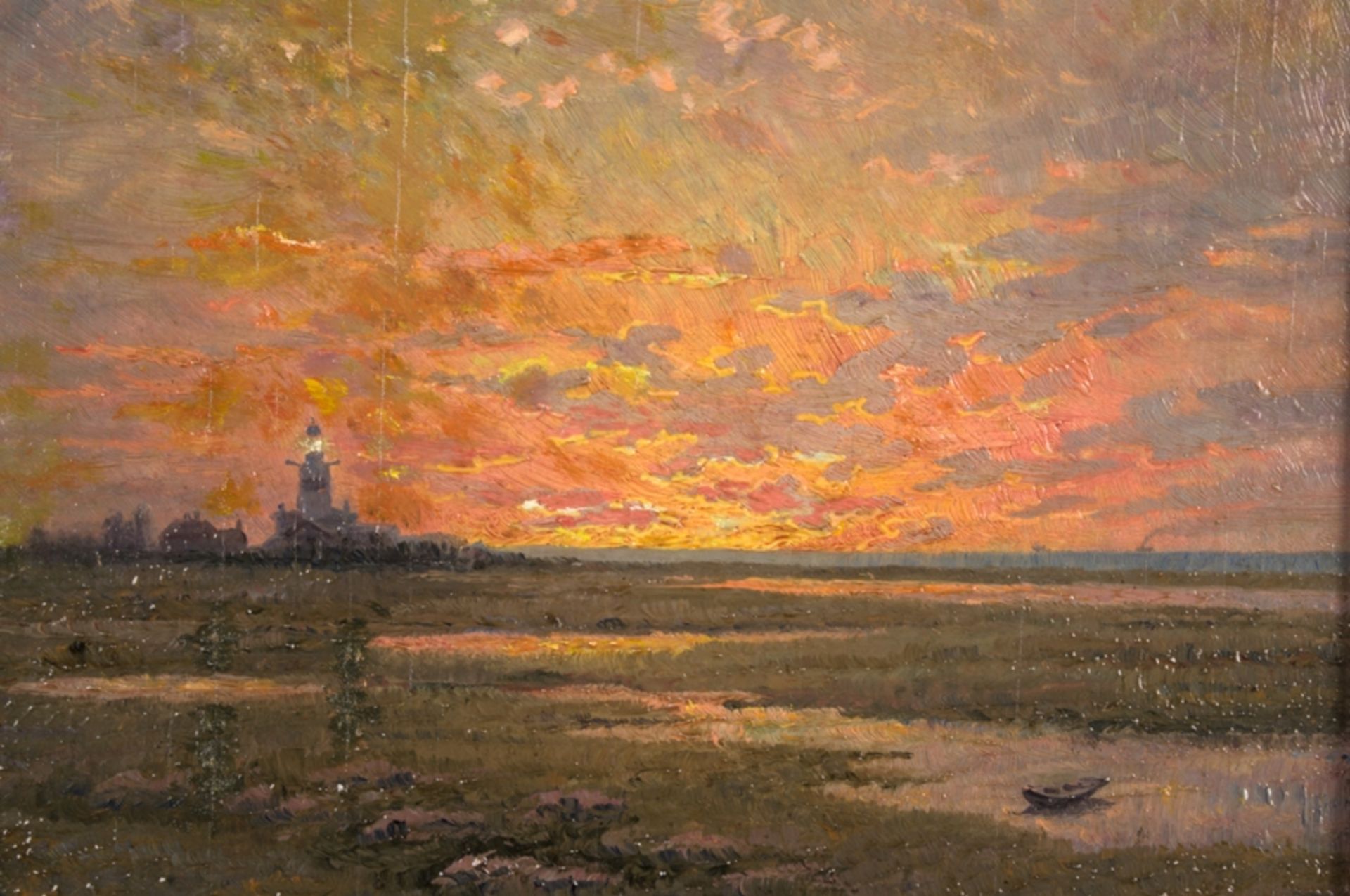 "Stimmungsvoller Sonnenuntergang am Leuchtturm". Gemälde, Öl auf Platte, ca. 16,5 x 22,5 cm, unten - Image 3 of 8