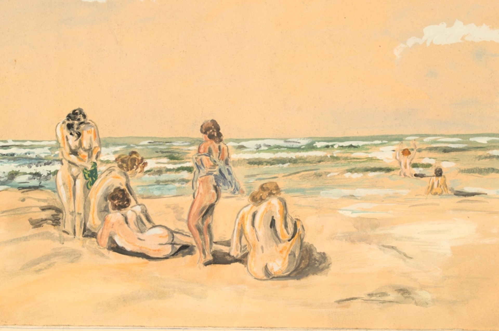 "Am Strand" - badende, nackte Frauen am Meeresstrand, wohl 1930er/40er Jahre, unklar signiert, - Image 6 of 6