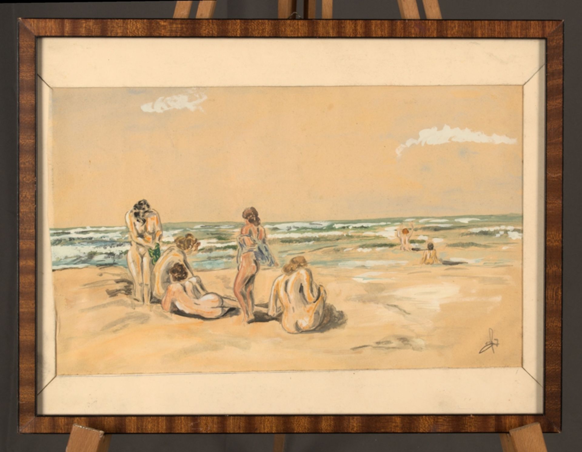 "Am Strand" - badende, nackte Frauen am Meeresstrand, wohl 1930er/40er Jahre, unklar signiert,