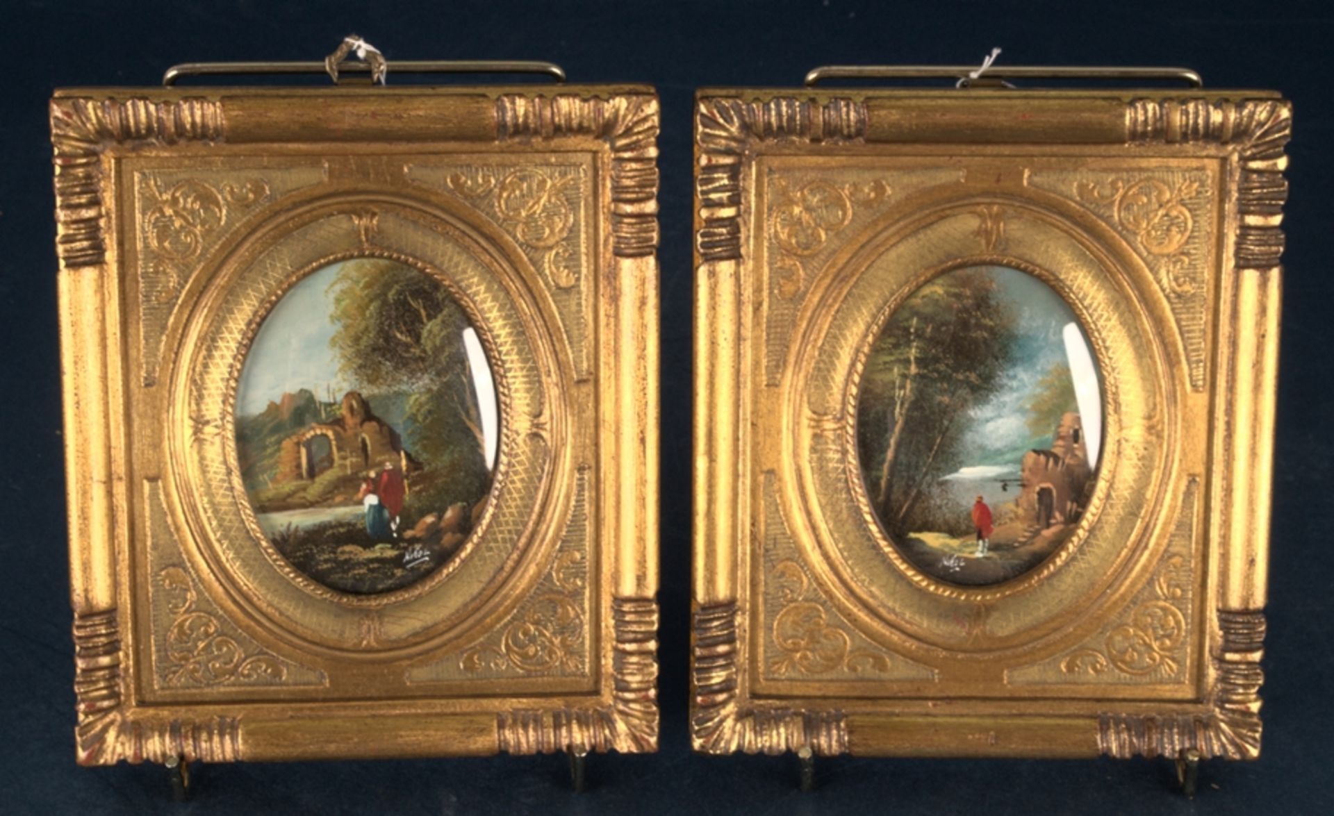 Zwei dekorative "goldene Rahmen" mit handgemalten Landschaftsbildern hinter Glas gerahmt. - Bild 2 aus 5